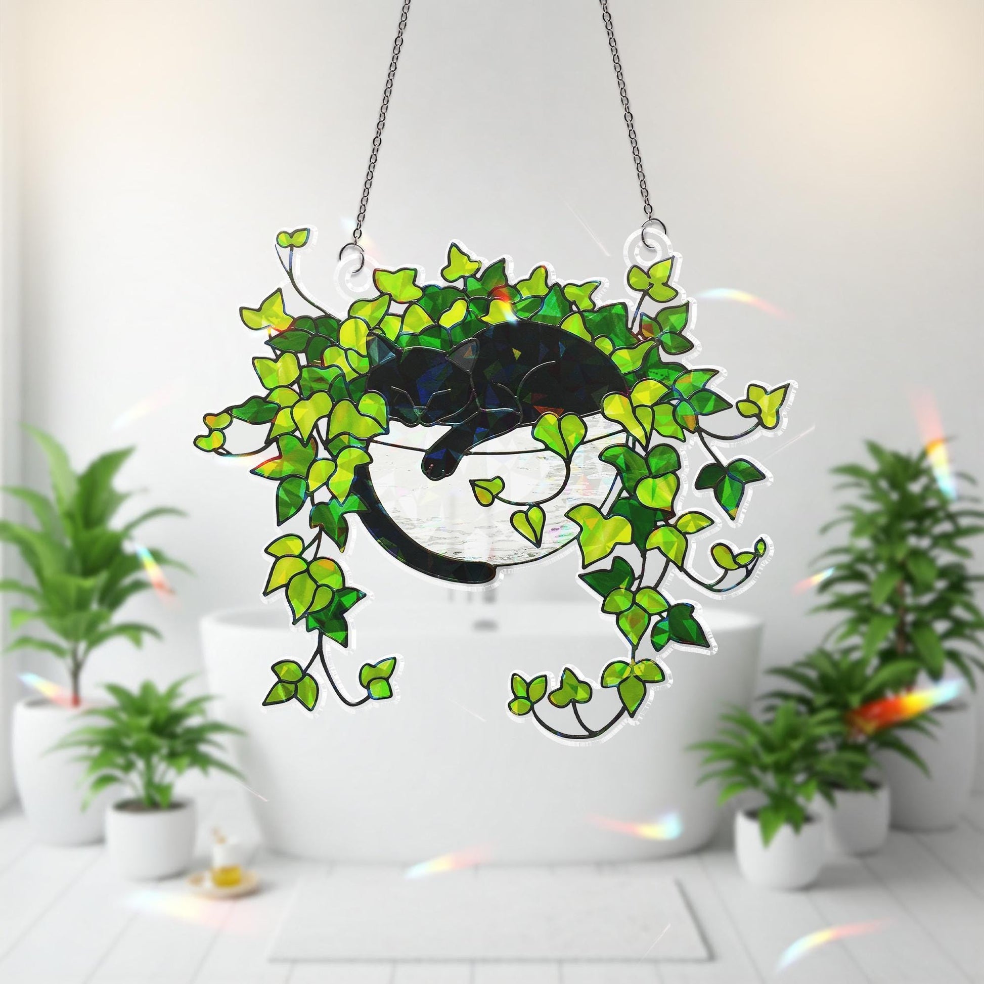 Black Cat Sleeping on Ivy Hologram Ornament, Cat ACRYLIC Window Hanging, Plant Lover Gift, Ivy Plants Decor, Cozy Cat Decor, Gift For Mom
