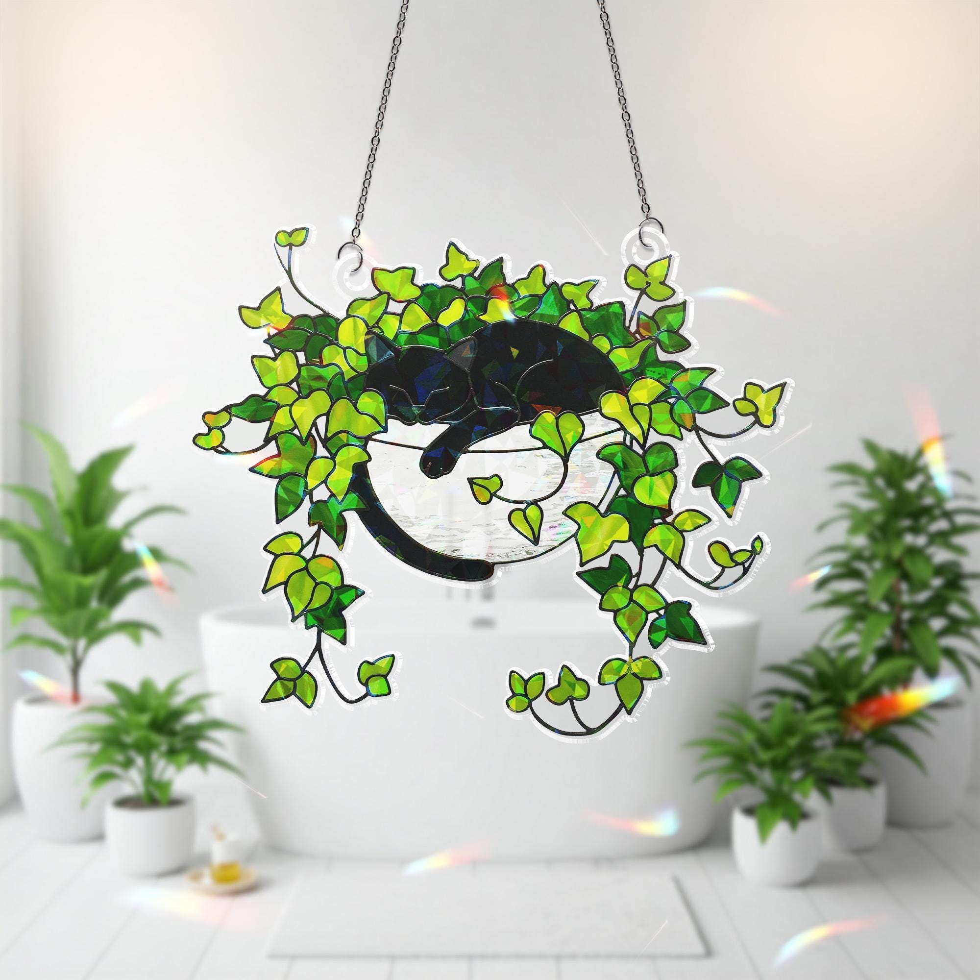 Black Cat Sleeping on Ivy Hologram Ornament, Cat ACRYLIC Window Hanging, Plant Lover Gift, Ivy Plants Decor, Cozy Cat Decor, Gift For Mom