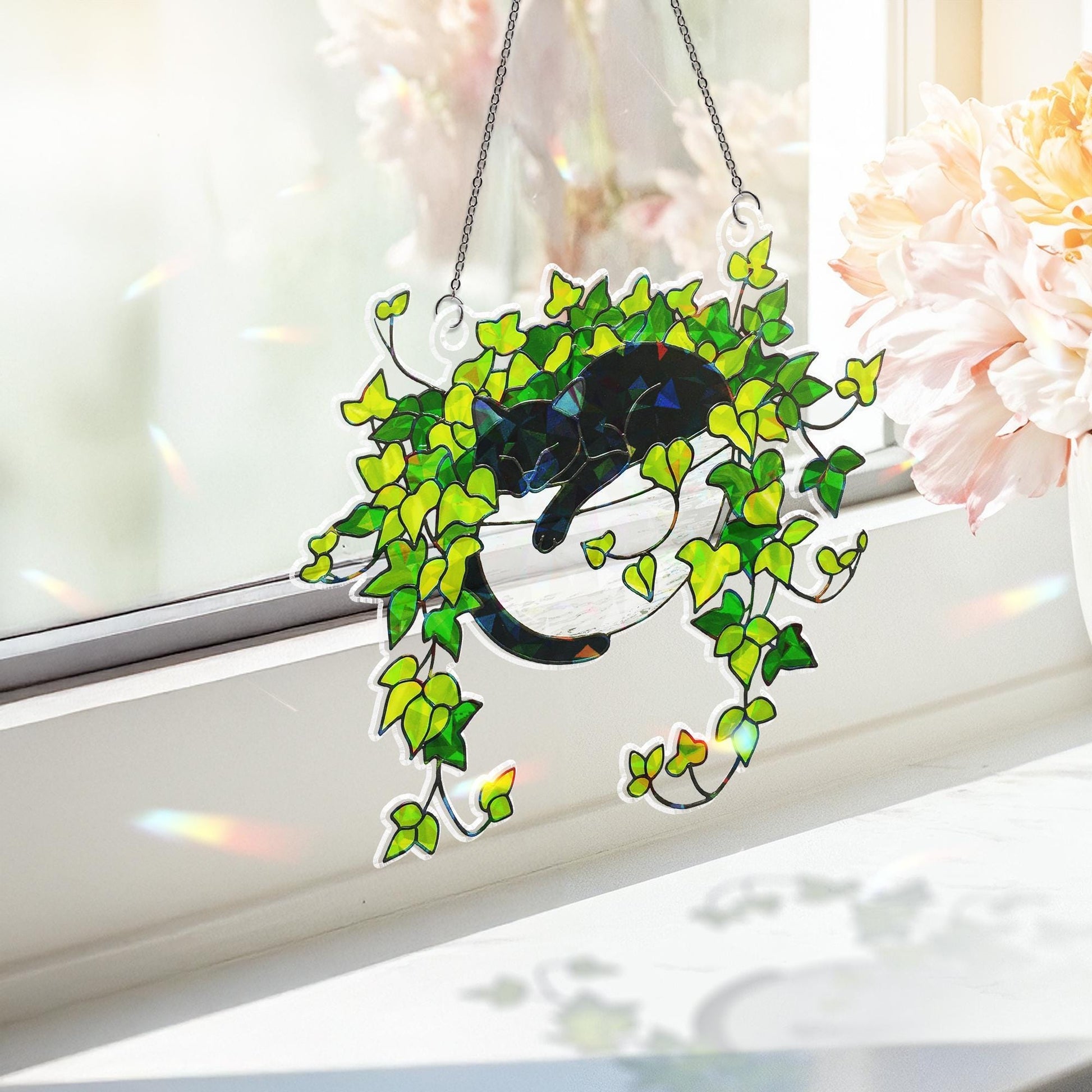 Black Cat Sleeping on Ivy Hologram Ornament, Cat ACRYLIC Window Hanging, Plant Lover Gift, Ivy Plants Decor, Cozy Cat Decor, Gift For Mom