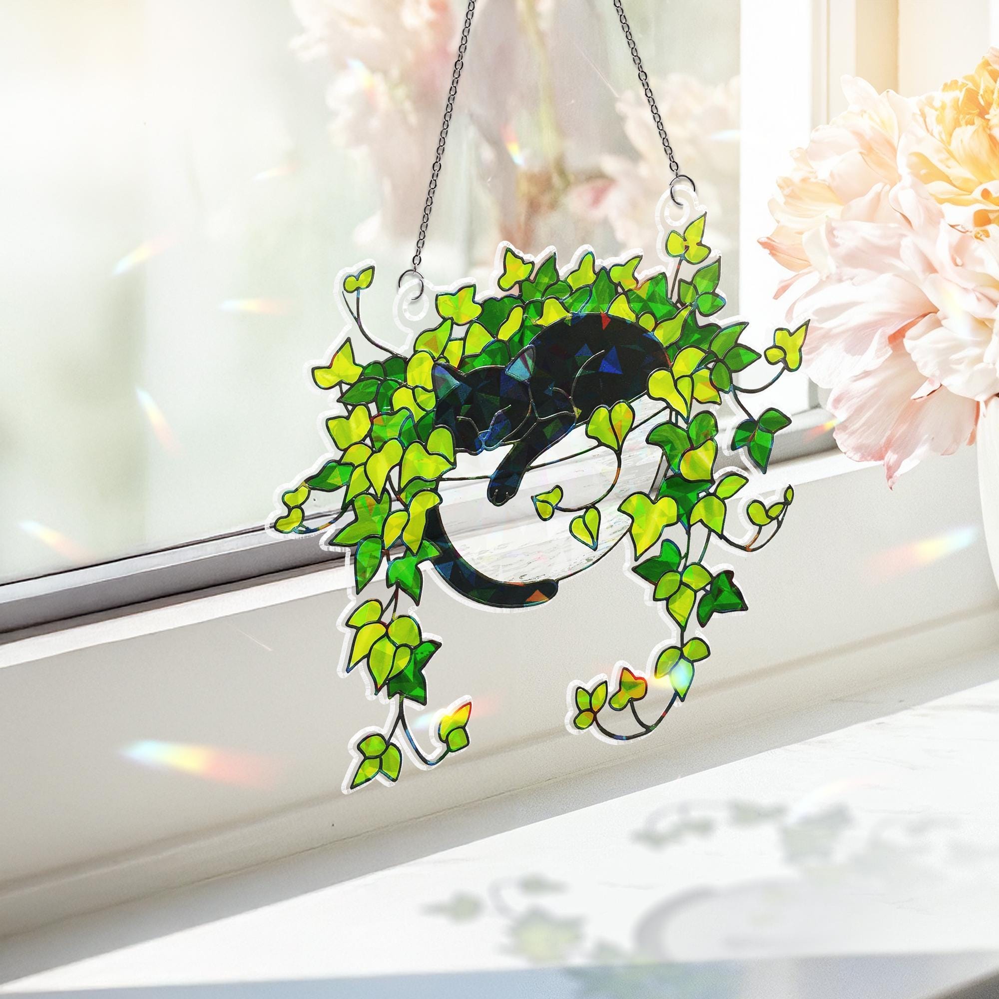 Black Cat Sleeping on Ivy Hologram Ornament, Cat ACRYLIC Window Hanging, Plant Lover Gift, Ivy Plants Decor, Cozy Cat Decor, Gift For Mom