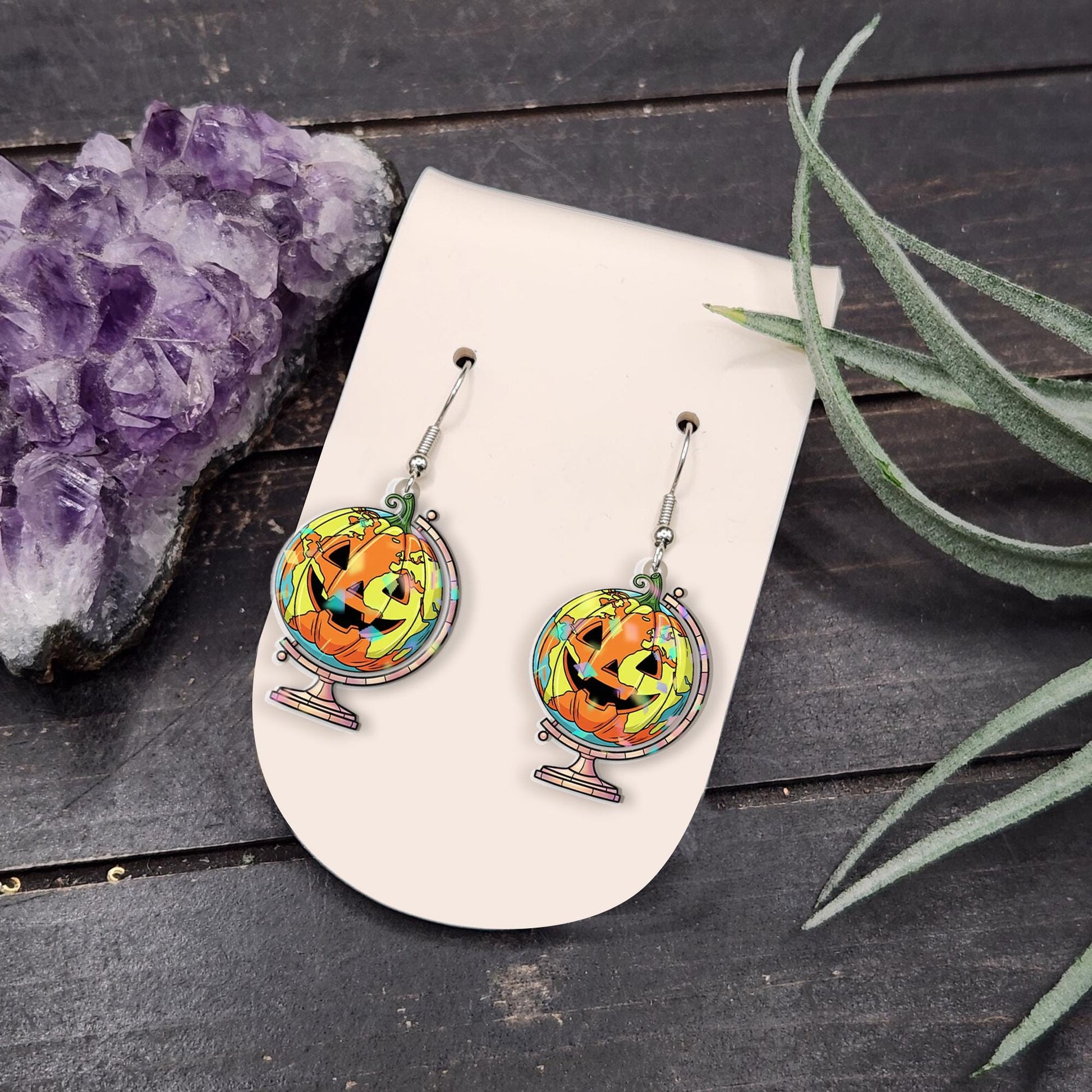 Halloween Pumpkin Globe Earrings, Spooky World Traveler Jewelry, Jack O'Lantern Earth Dangles, Unique Fall Accessory, Gift for Her