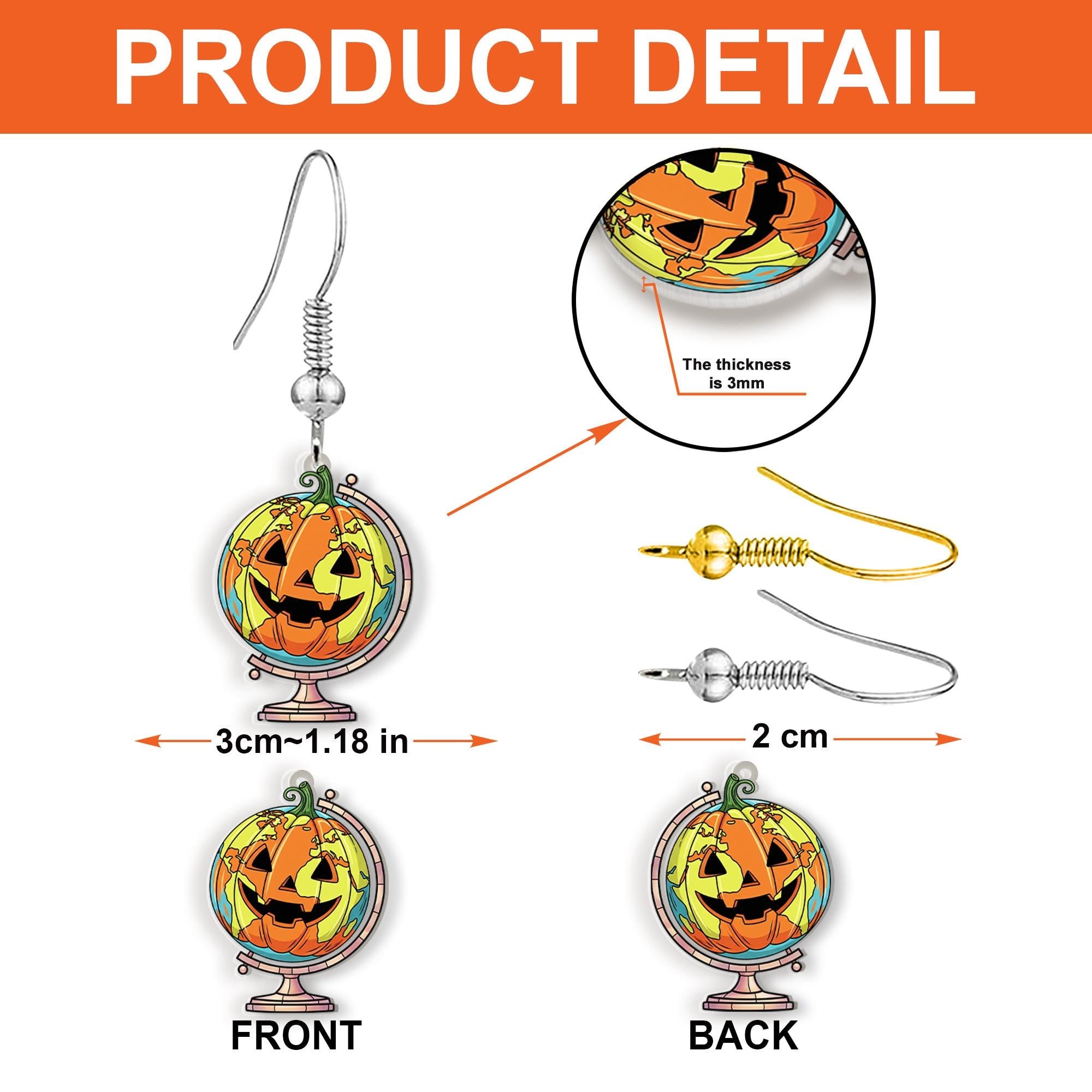 Halloween Pumpkin Globe Earrings, Spooky World Traveler Jewelry, Jack O'Lantern Earth Dangles, Unique Fall Accessory, Gift for Her