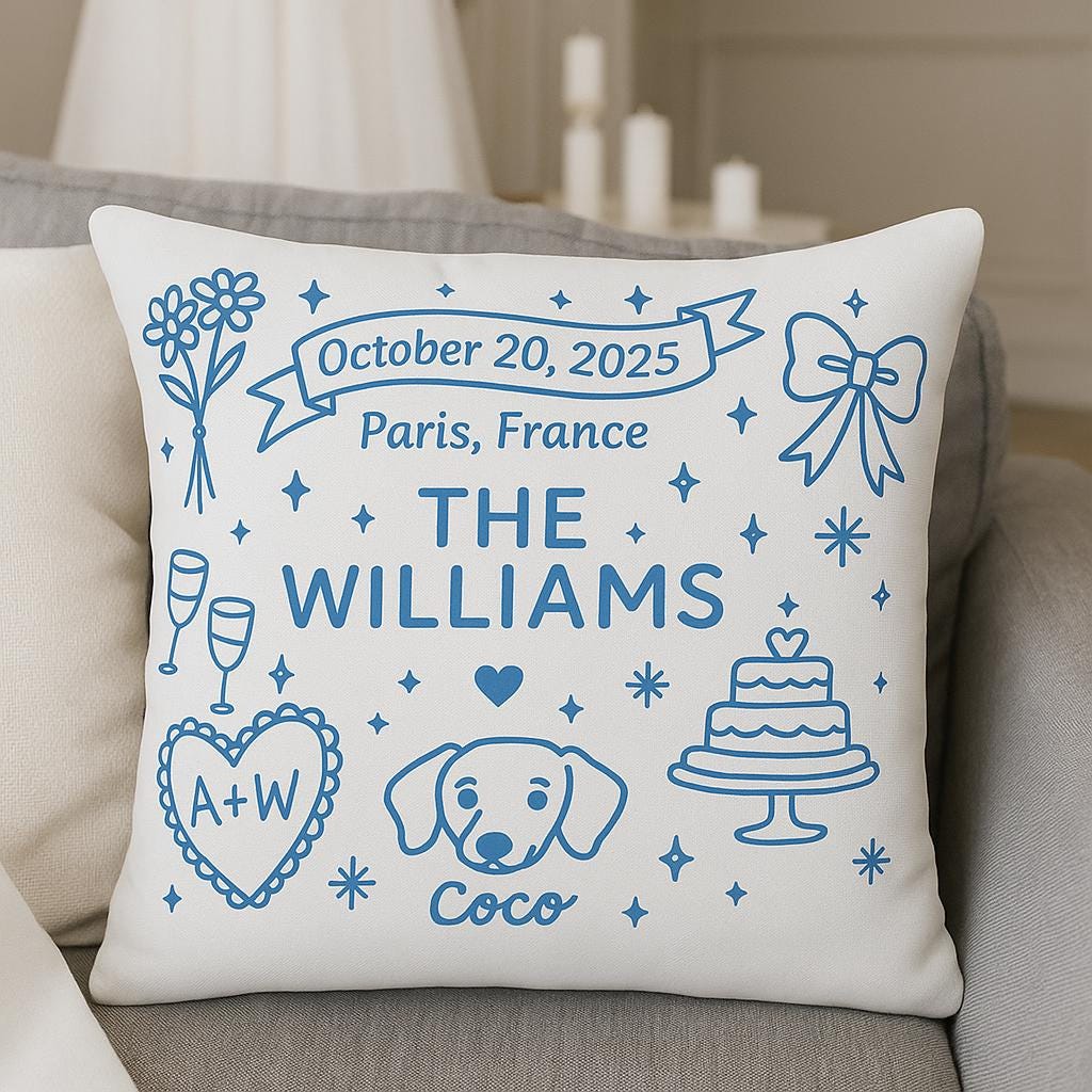 Custom Wedding Throw Pillow, Personalized Couple Name & Dog Pillow, Wedding Date Gift, Engagement or Anniversary Keepsake Cushion
