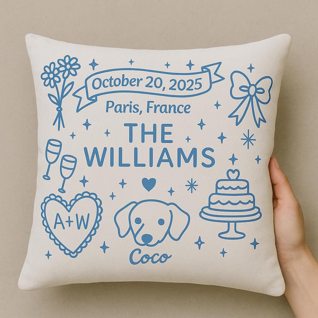 Custom Wedding Throw Pillow, Personalized Couple Name & Dog Pillow, Wedding Date Gift, Engagement or Anniversary Keepsake Cushion