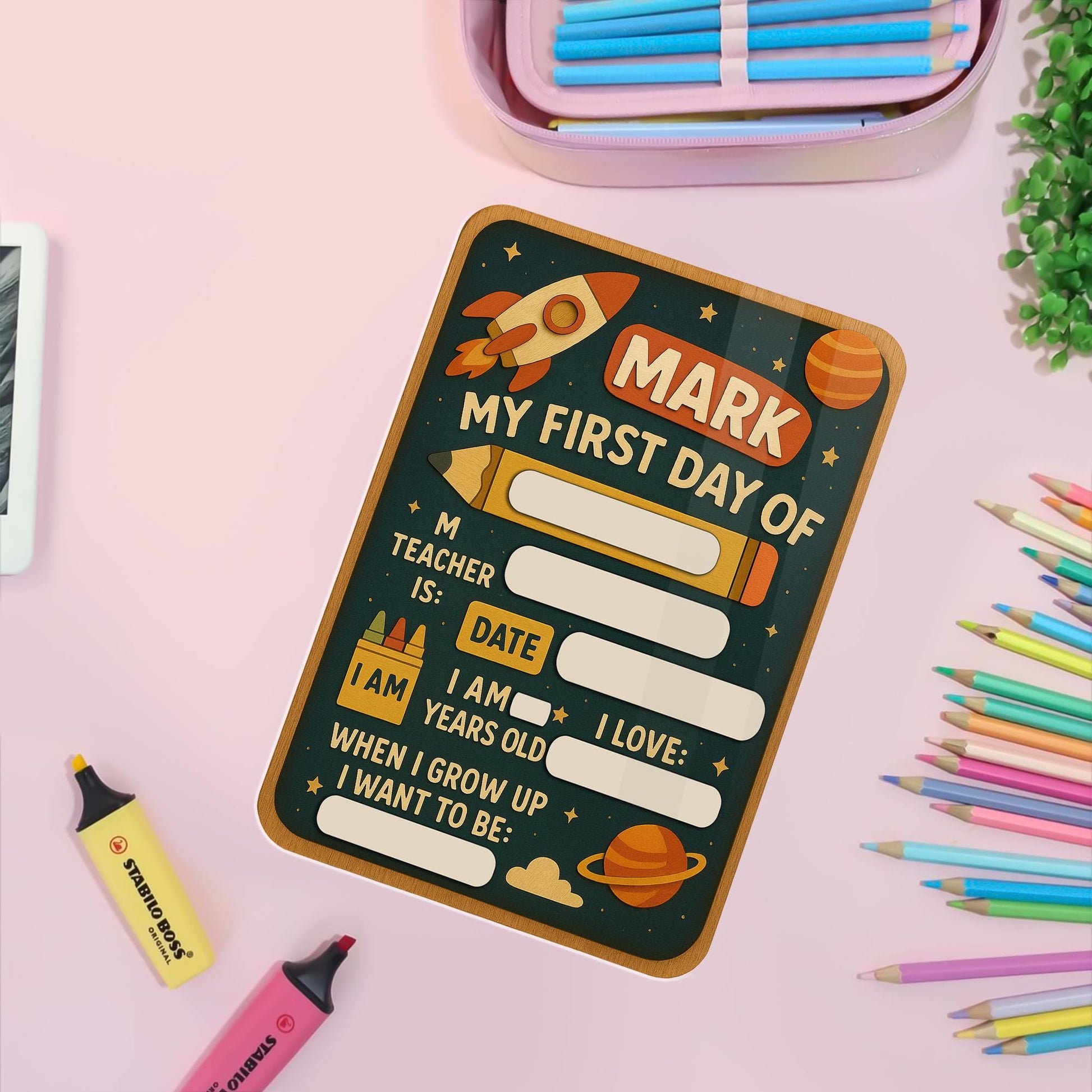 Reusable First Day of School Sign, Space Theme Back to School Board for Kids, Custom Chalkboard Photo Prop, Fillable Milestone Sign