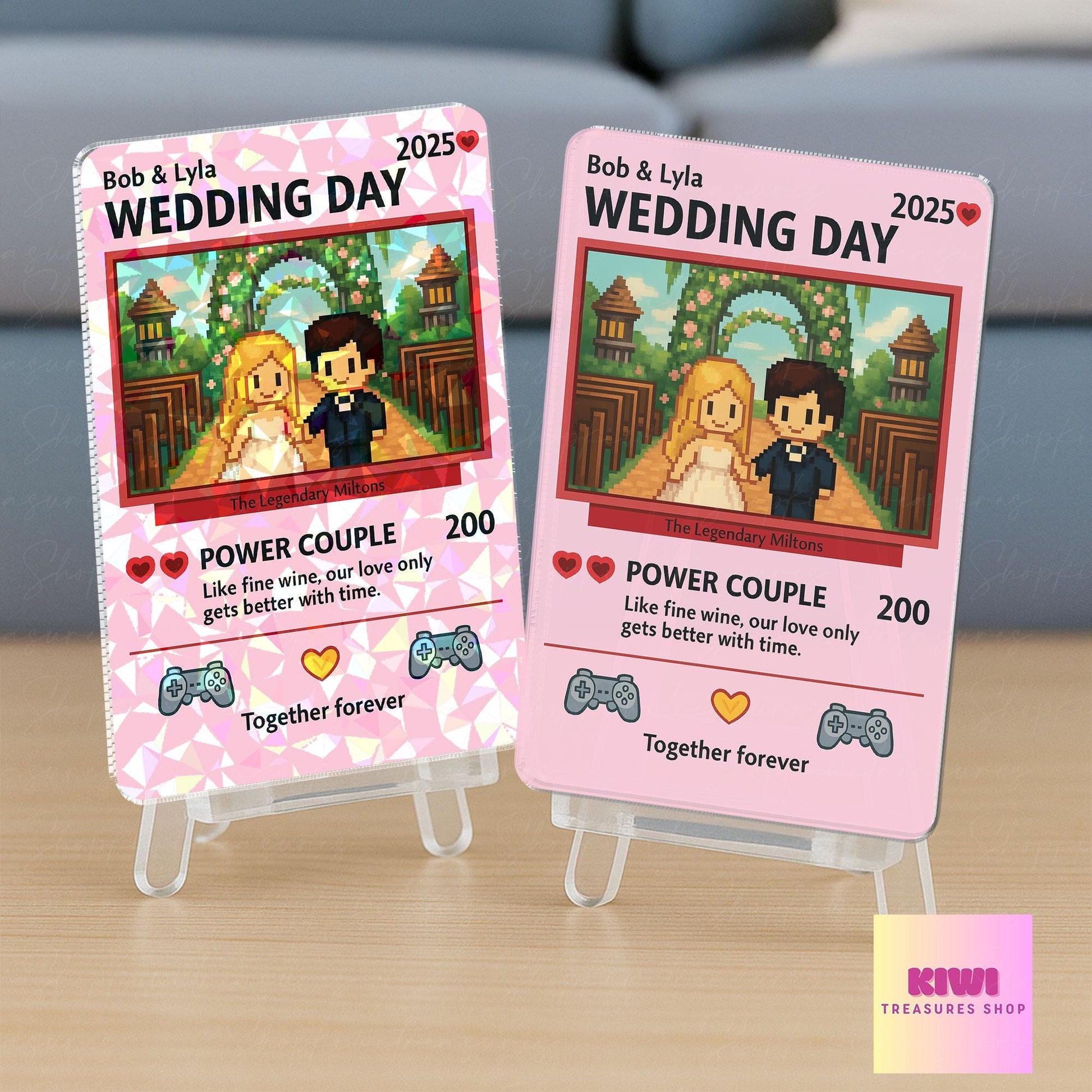Custom Holographic Wedding Card, Gamer Couple Art Gift, Personalized Power Couple Keepsake, Retro Arcade Love Display