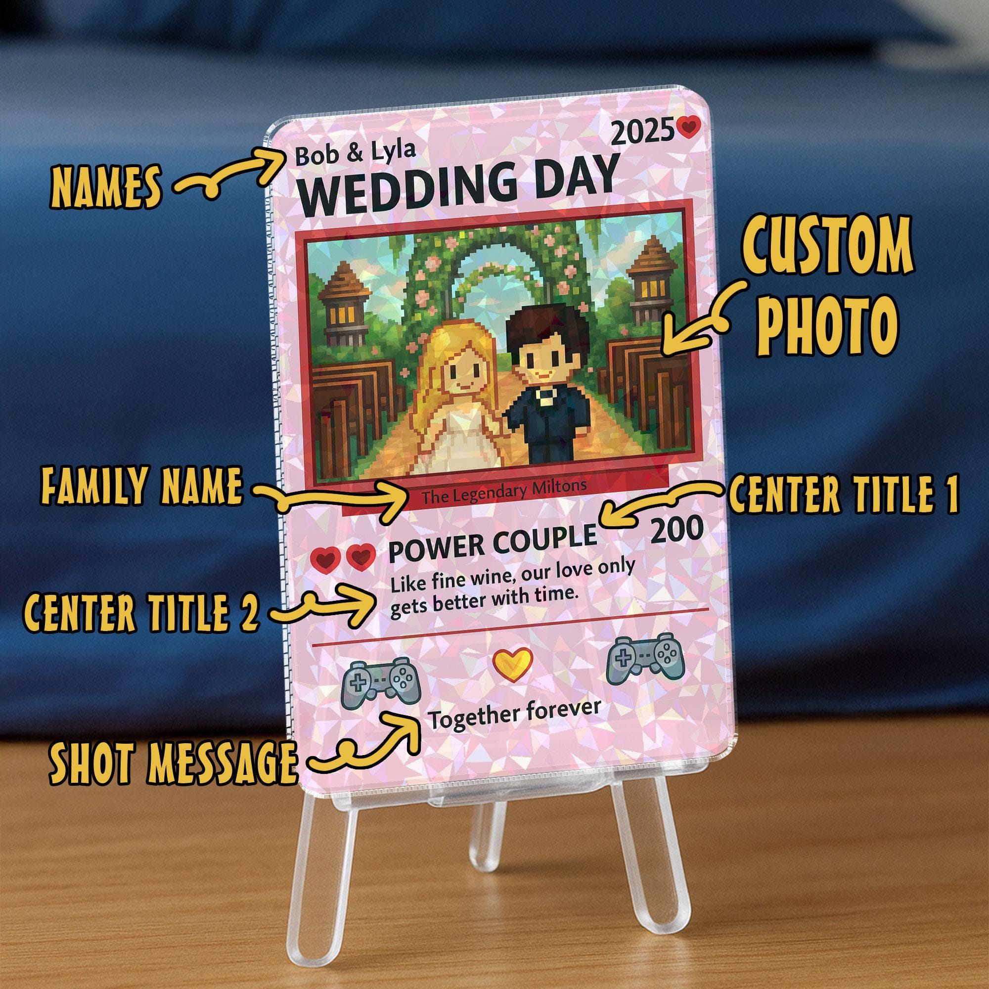 Custom Holographic Wedding Card, Gamer Couple Art Gift, Personalized Power Couple Keepsake, Retro Arcade Love Display