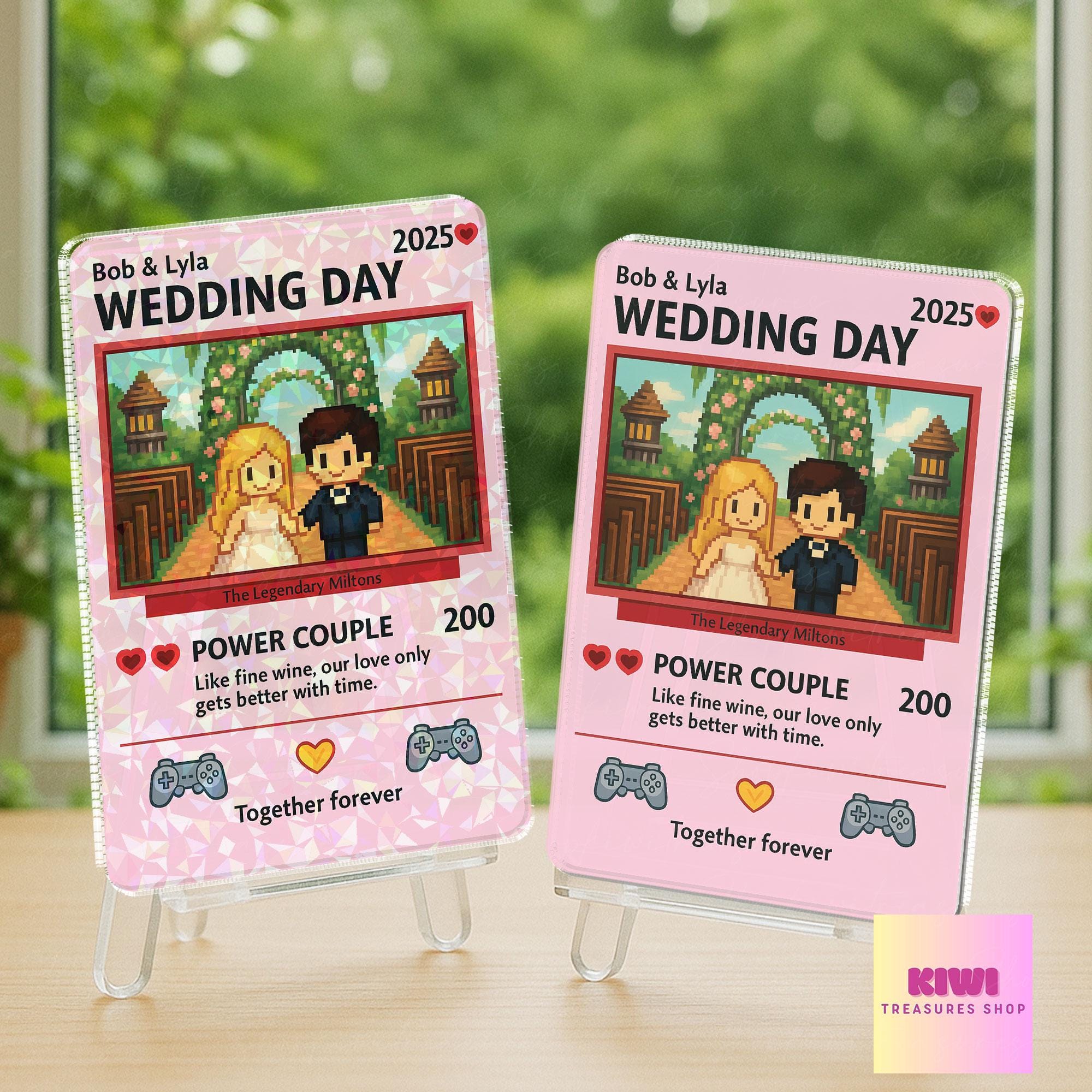 Custom Holographic Wedding Card, Gamer Couple Art Gift, Personalized Power Couple Keepsake, Retro Arcade Love Display