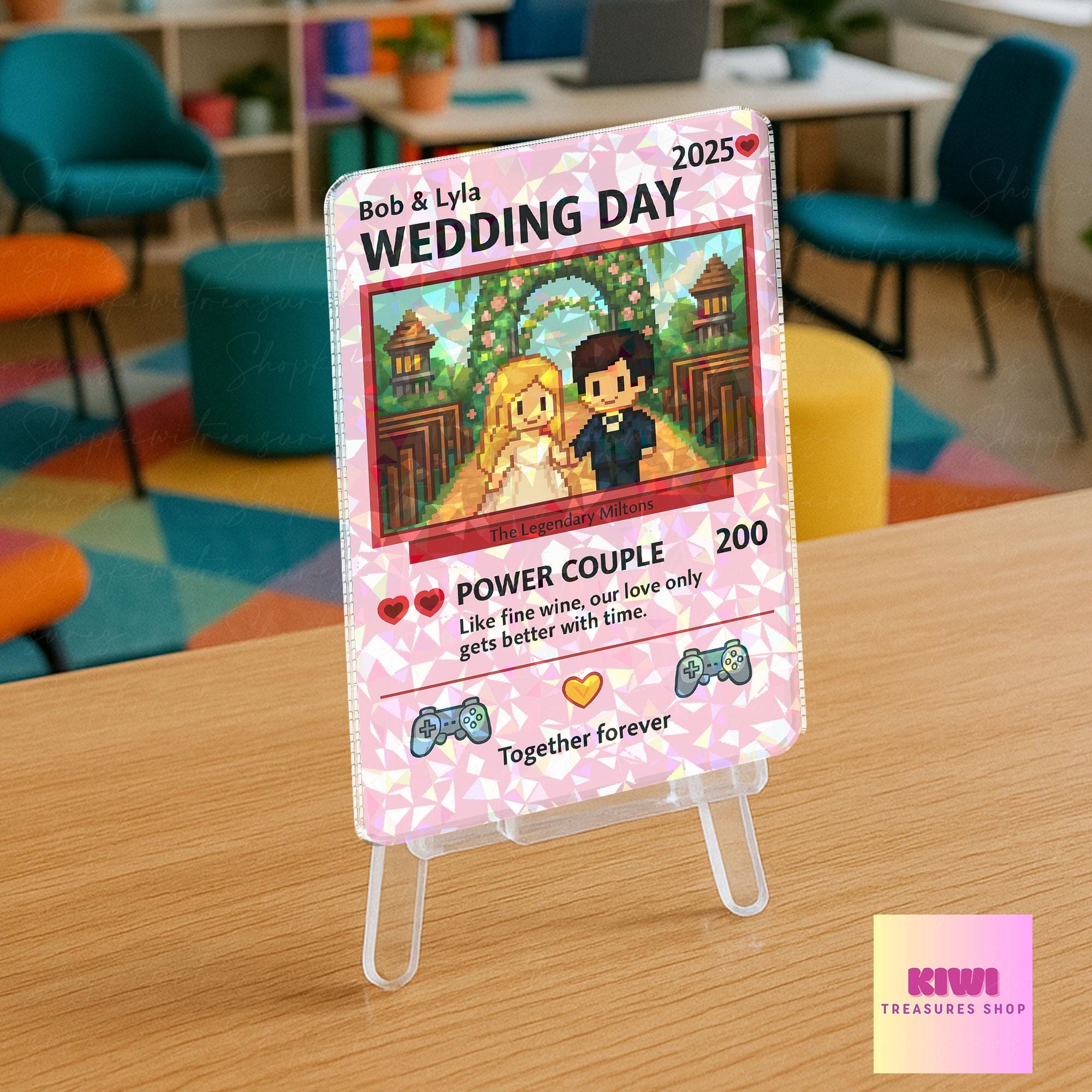 Custom Holographic Wedding Card, Gamer Couple Art Gift, Personalized Power Couple Keepsake, Retro Arcade Love Display