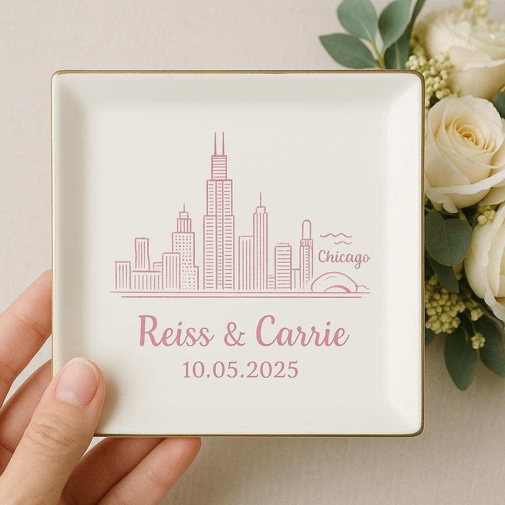 Custom Skyline Wedding Jewelry Tray, Personalized Ring Dish with City, Couple Name & Date, Engagement or Anniversary Keepsake