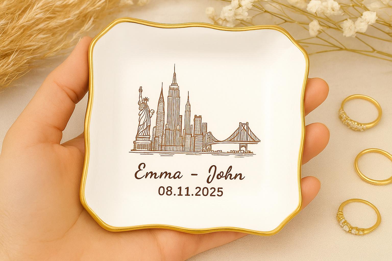 Custom Skyline Wedding Jewelry Tray, Personalized Ring Dish with City, Couple Name & Date, Engagement or Anniversary Keepsake