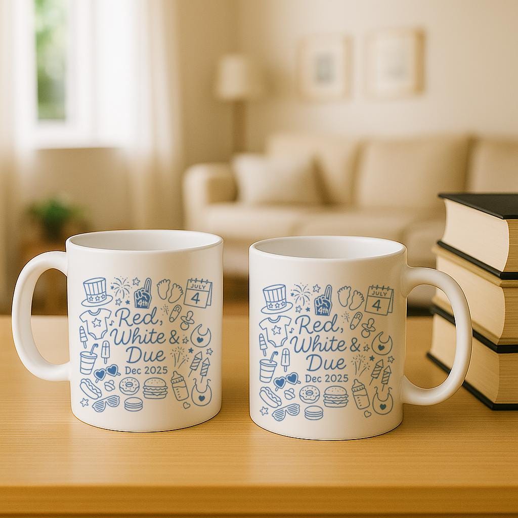 Red White and Due Mug, July 4th Pregnancy Announcement Gift, Baby Due 2025 Coffee Cup, Patriotic Expecting Parents Reveal Mug