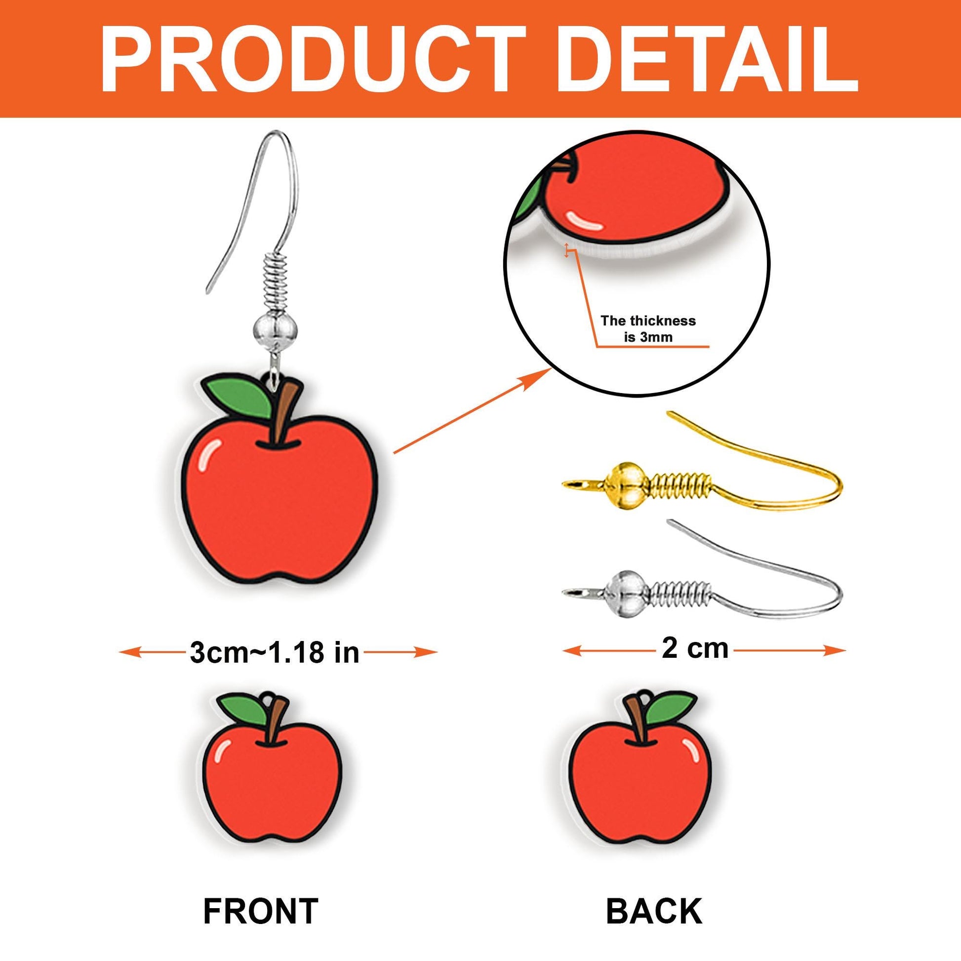 Apple Dangle Earrings, Teacher Gift Jewelry, Cute Fruit Drop Earrings, Red Apple Charm, Fall Fashion Earrings, Back to School Accessory