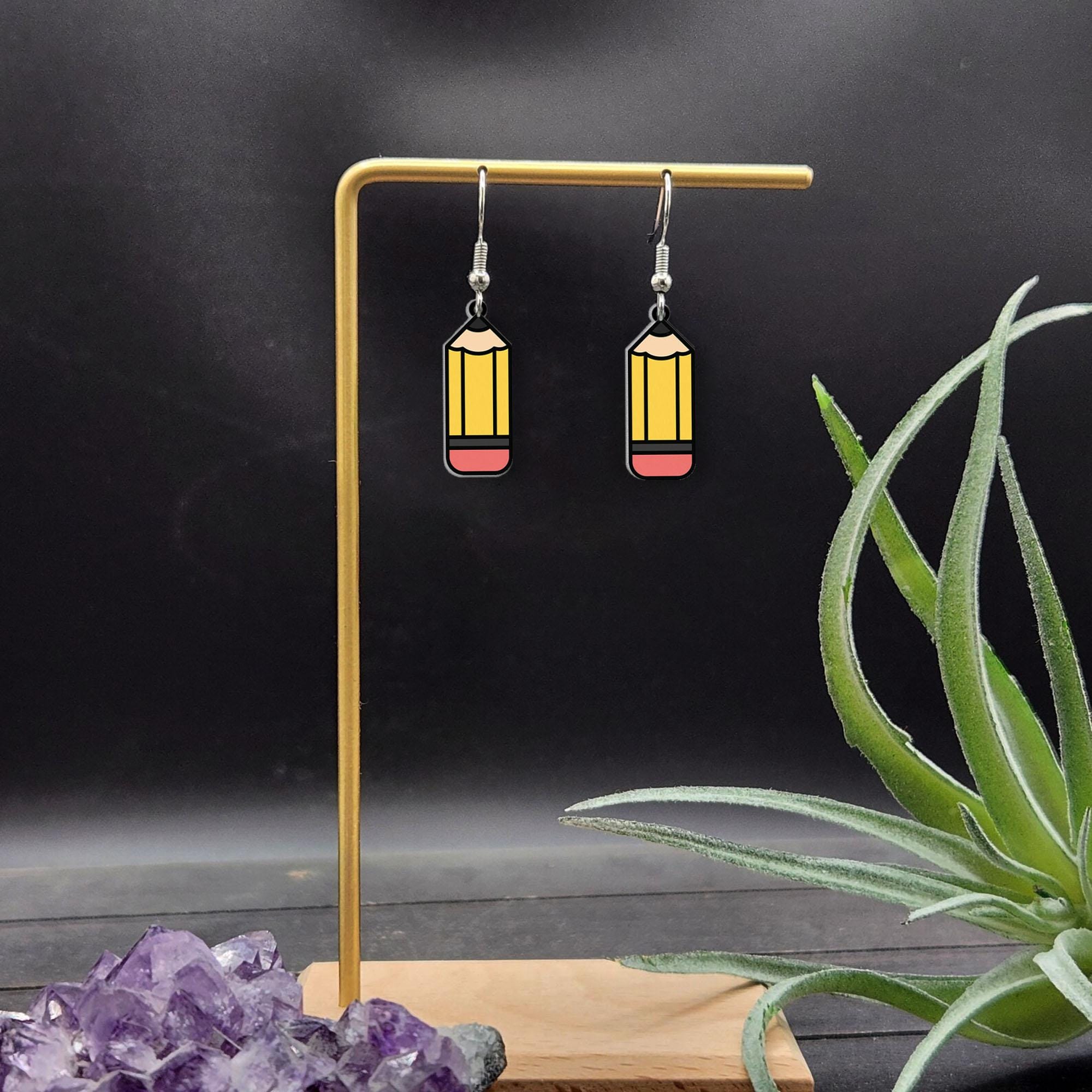 Pencil Earrings for Teachers, Back to School Jewelry, Cute Stationery Gift, Yellow Pencil Dangles, Classroom Accessory Earrings