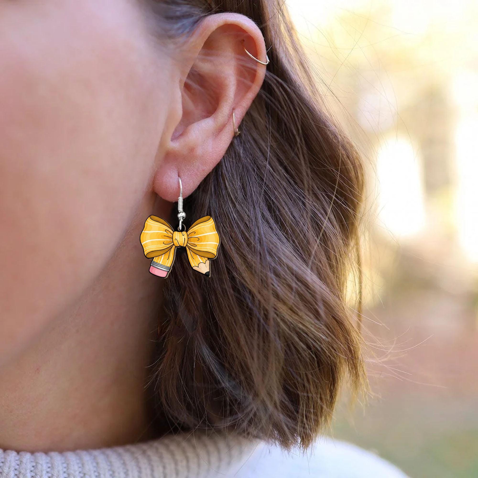 Cute Pencil Bow Earrings, Cute Teacher Gift Jewelry, Yellow Ribbon School Earrings, Back to School Dangle, Kawaii Classroom Accessory