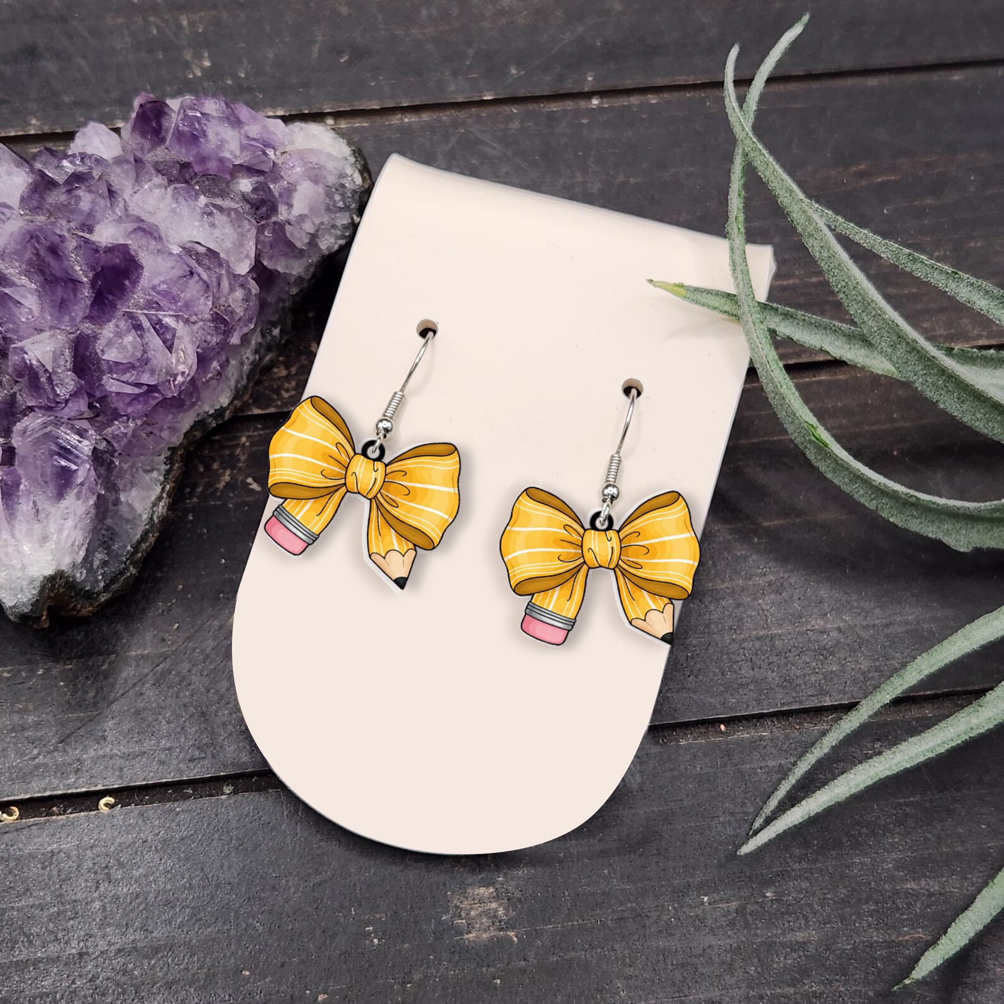Cute Pencil Bow Earrings, Cute Teacher Gift Jewelry, Yellow Ribbon School Earrings, Back to School Dangle, Kawaii Classroom Accessory