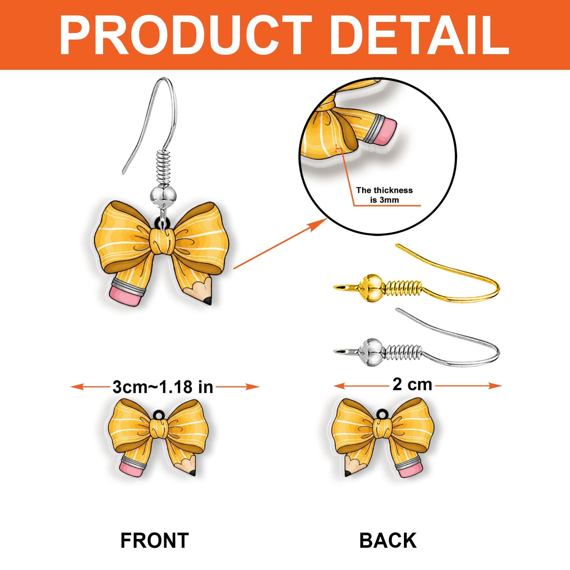Cute Pencil Bow Earrings, Cute Teacher Gift Jewelry, Yellow Ribbon School Earrings, Back to School Dangle, Kawaii Classroom Accessory