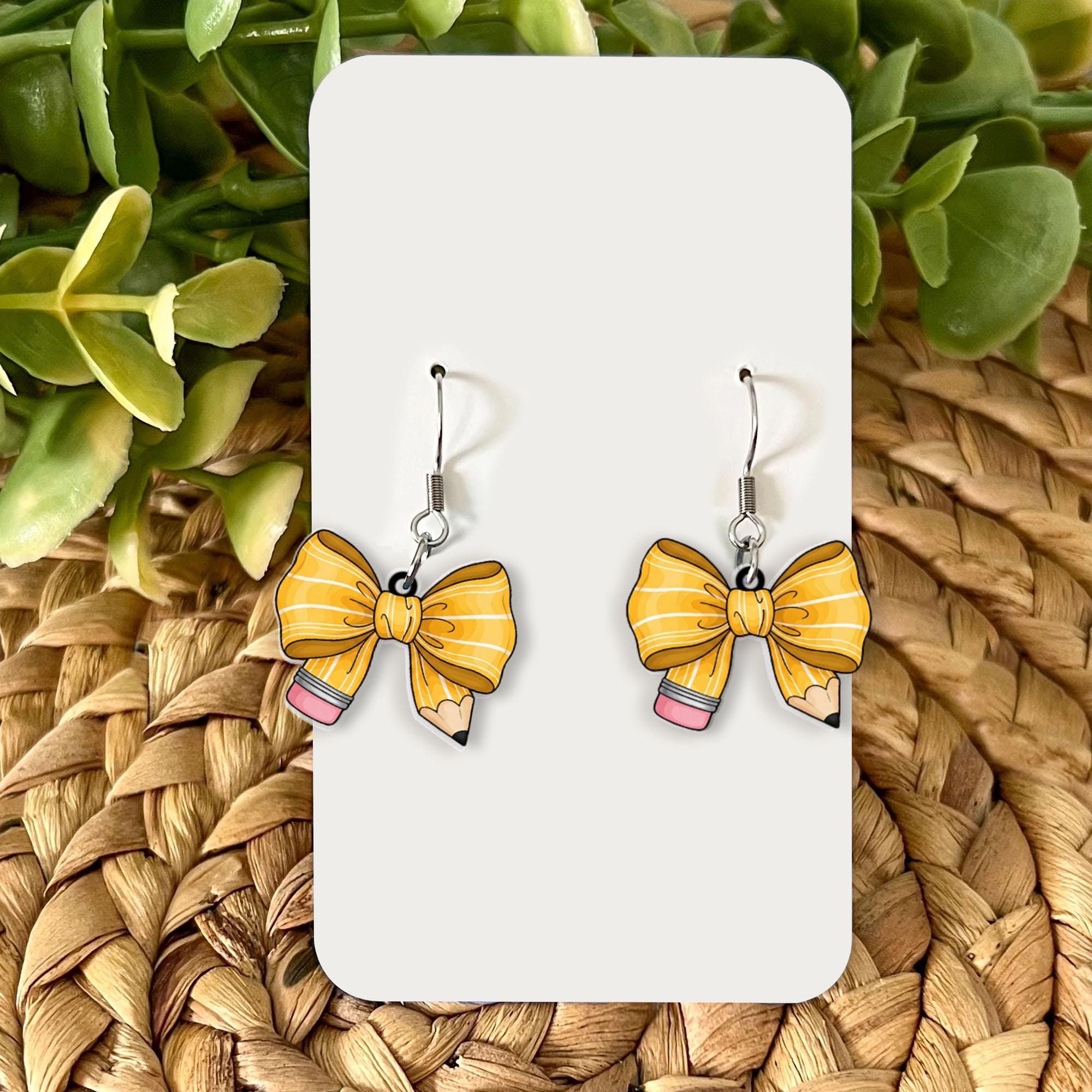 Cute Pencil Bow Earrings, Cute Teacher Gift Jewelry, Yellow Ribbon School Earrings, Back to School Dangle, Kawaii Classroom Accessory