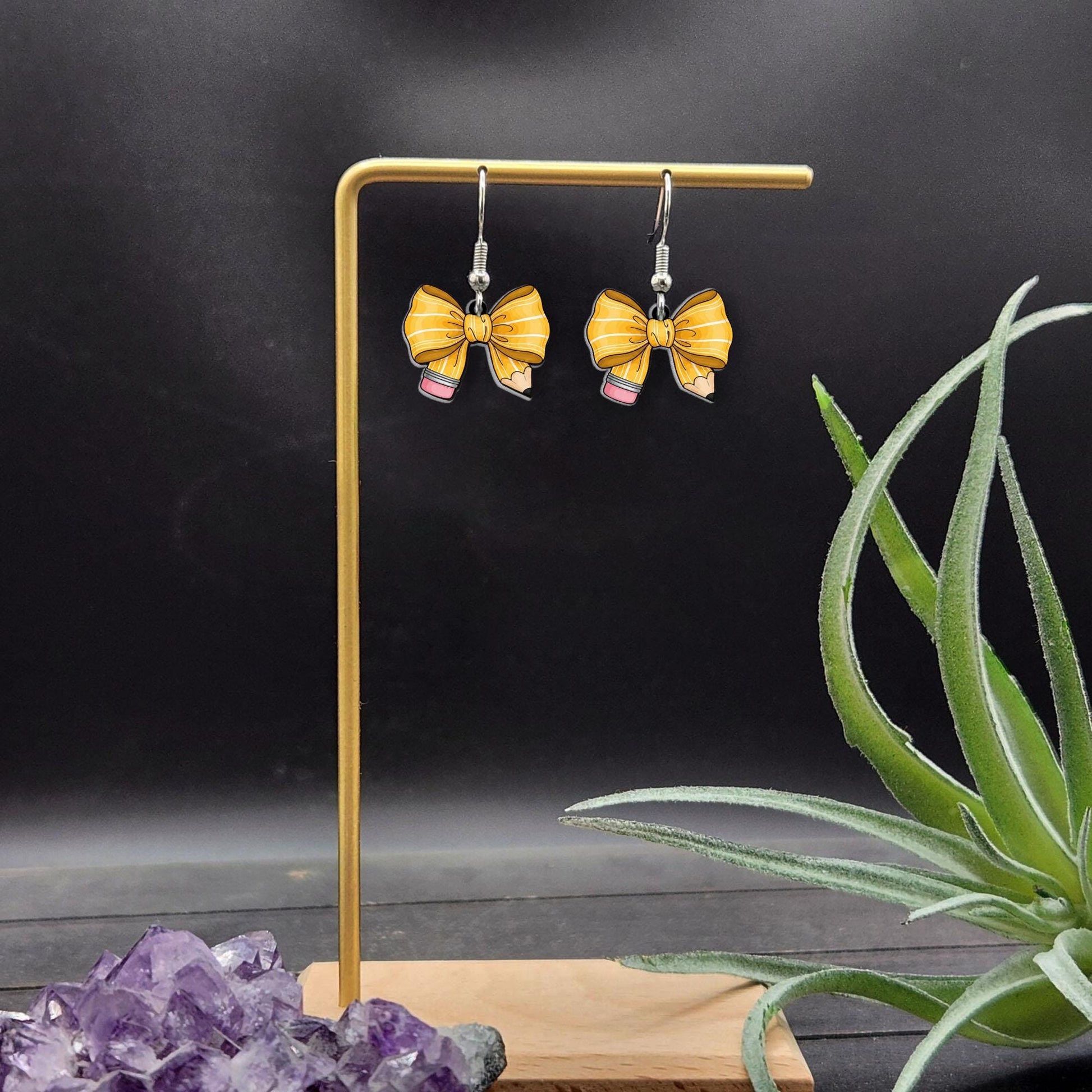 Cute Pencil Bow Earrings, Cute Teacher Gift Jewelry, Yellow Ribbon School Earrings, Back to School Dangle, Kawaii Classroom Accessory