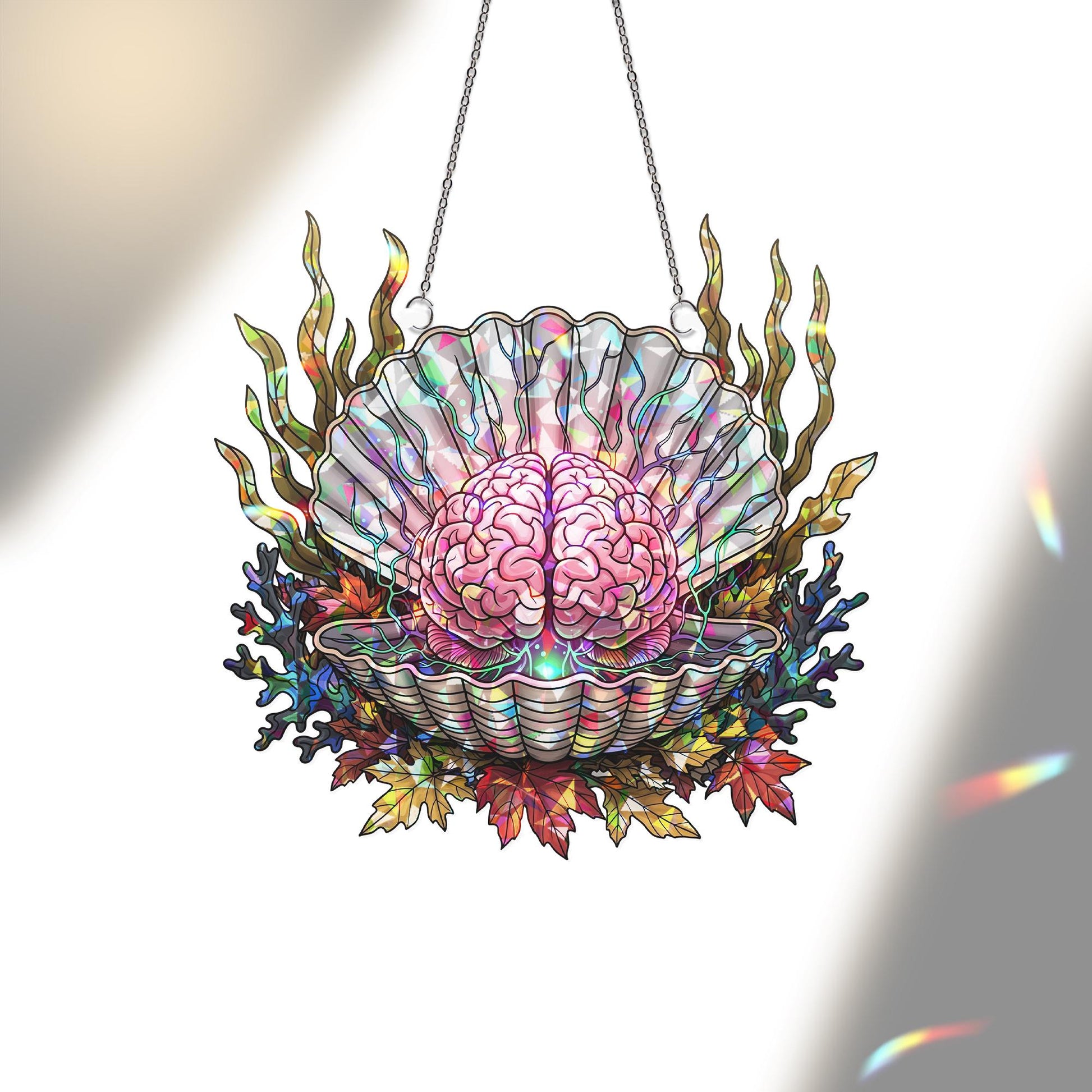 Stained Glass Brain Seashell Suncatcher – Autumn Halloween Window Decor, Gothic Marine Art
