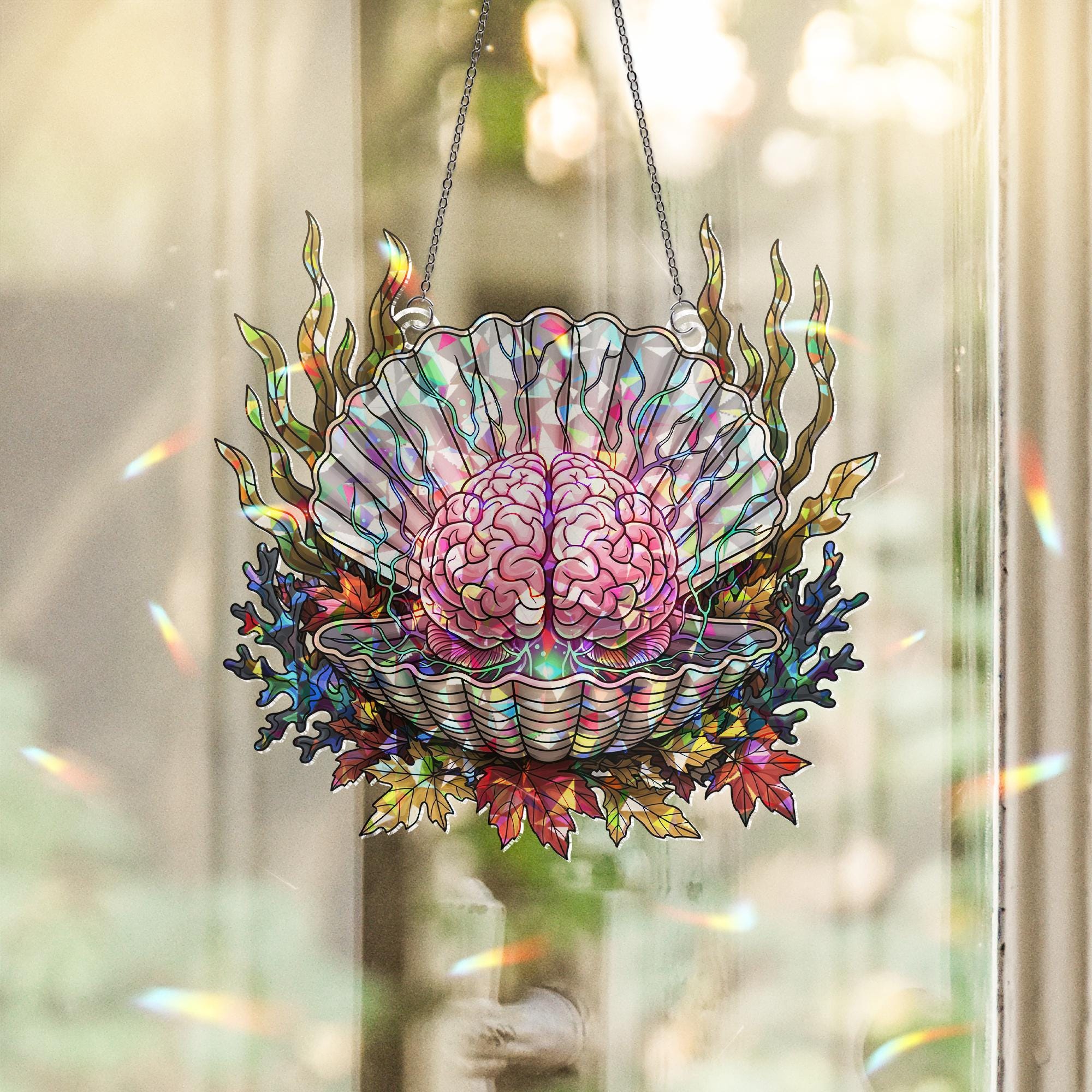 Stained Glass Brain Seashell Suncatcher – Autumn Halloween Window Decor, Gothic Marine Art