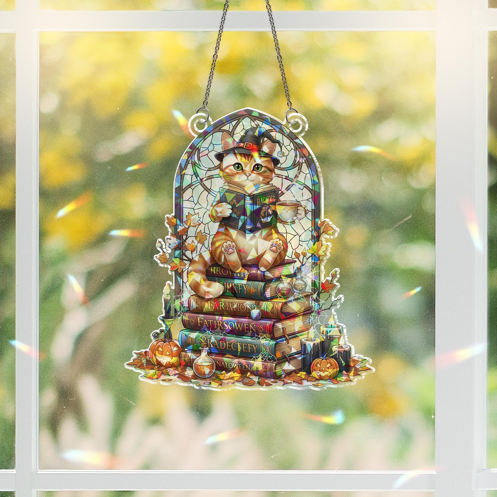 Stained Glass Witch Cat Suncatcher – Halloween Book Stack Window Decor, Cute Fall Cat Gift