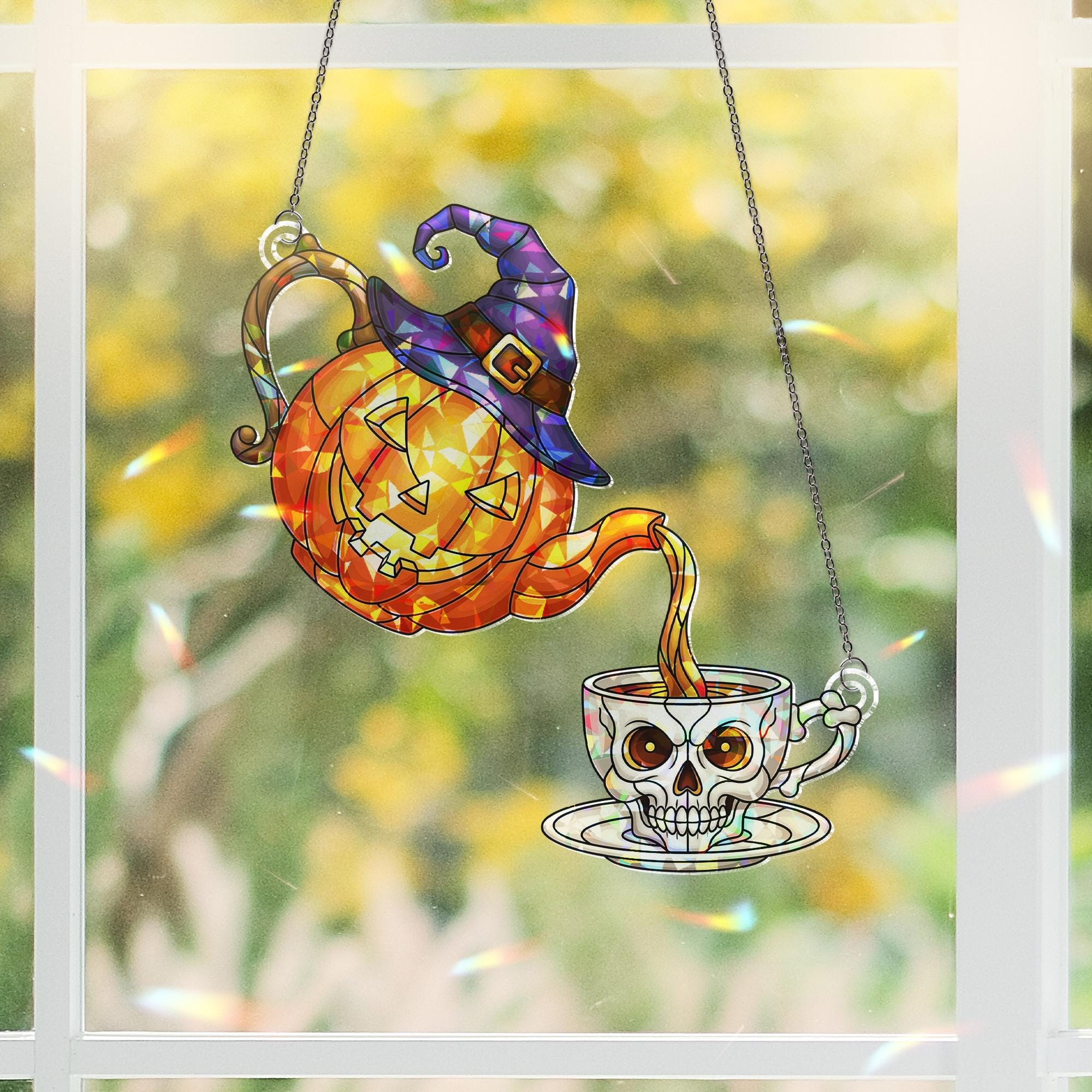 Halloween Stained Glass Suncatcher – Pumpkin Teapot & Skull Teacup Window Decor, Witchy Gothic Fall Decoration, Spooky Tea Party Gift