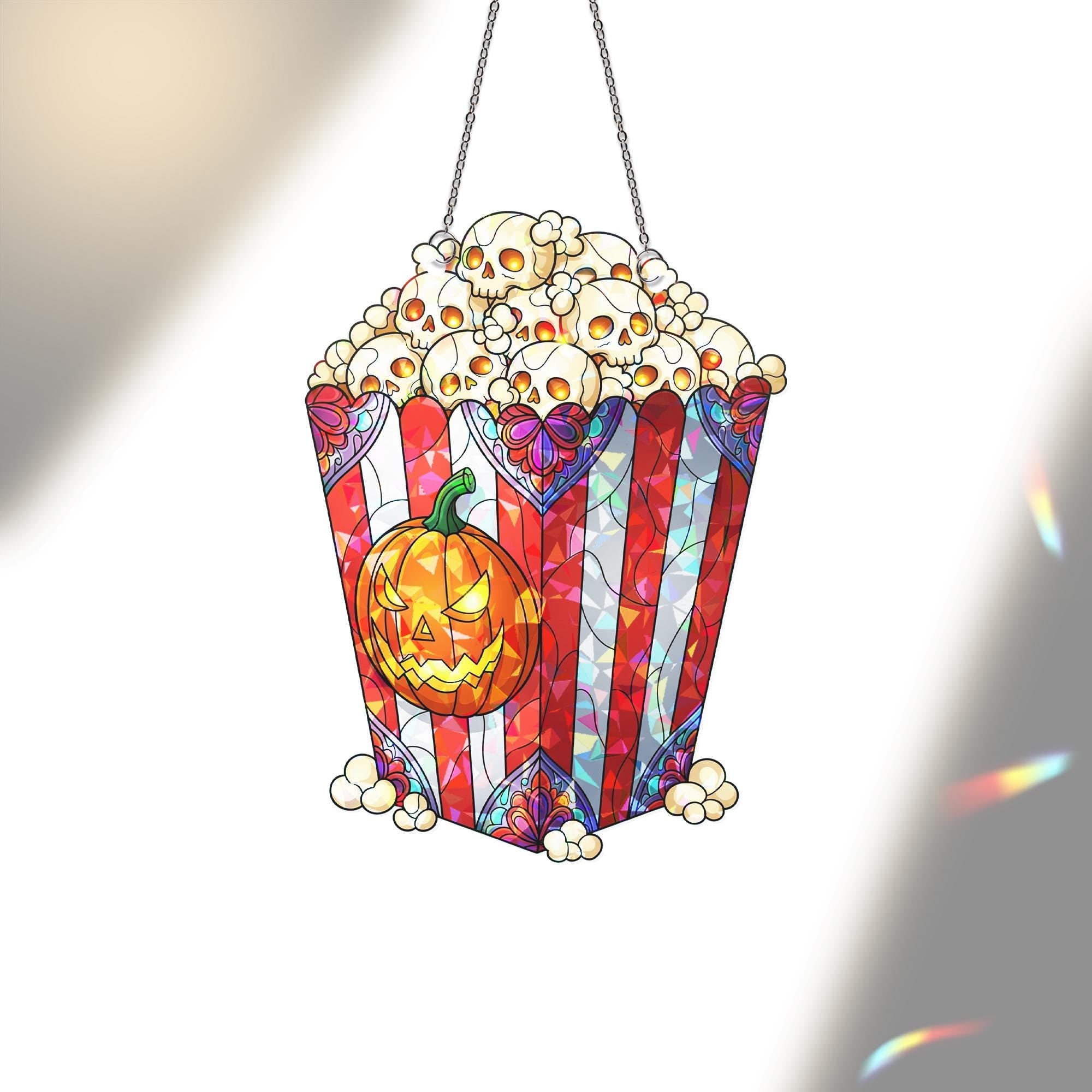 Halloween Popcorn Suncatcher – Stained Glass Skull Popcorn & Pumpkin Window Decor, Spooky Movie Night Hanging Ornament