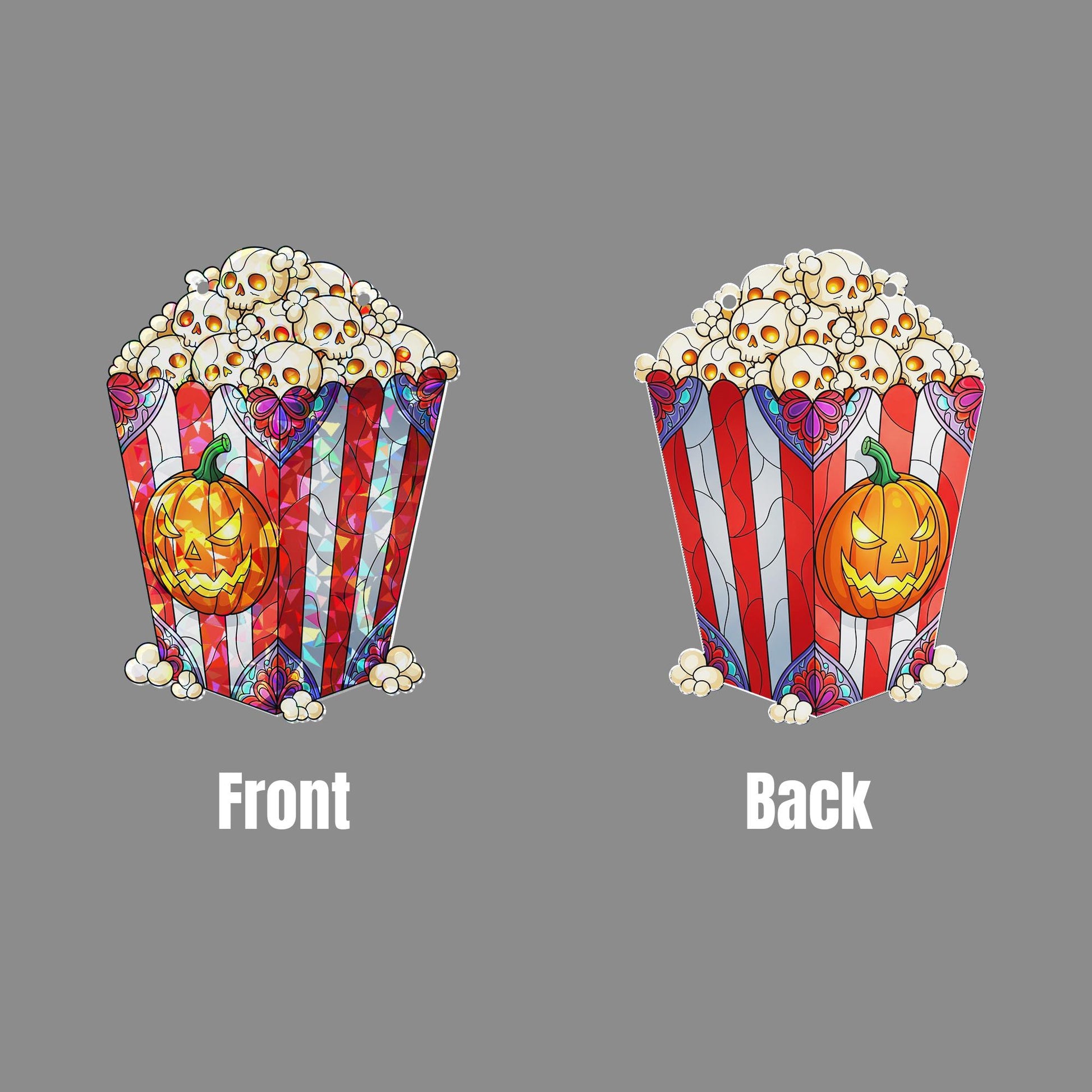 Halloween Popcorn Suncatcher – Stained Glass Skull Popcorn & Pumpkin Window Decor, Spooky Movie Night Hanging Ornament