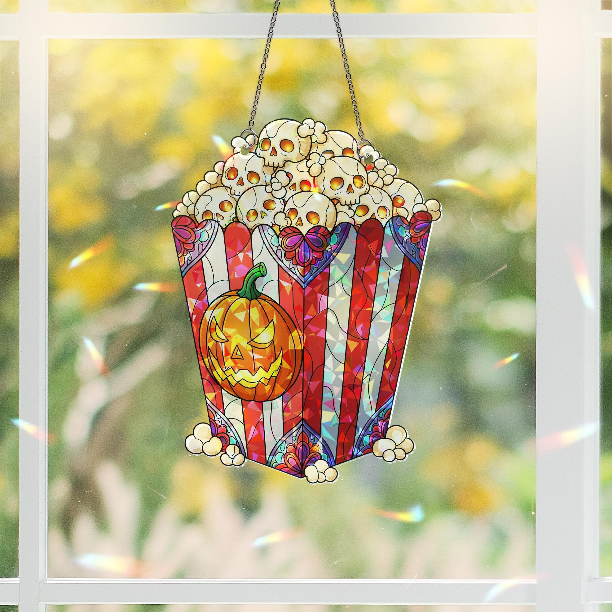 Halloween Popcorn Suncatcher – Stained Glass Skull Popcorn & Pumpkin Window Decor, Spooky Movie Night Hanging Ornament
