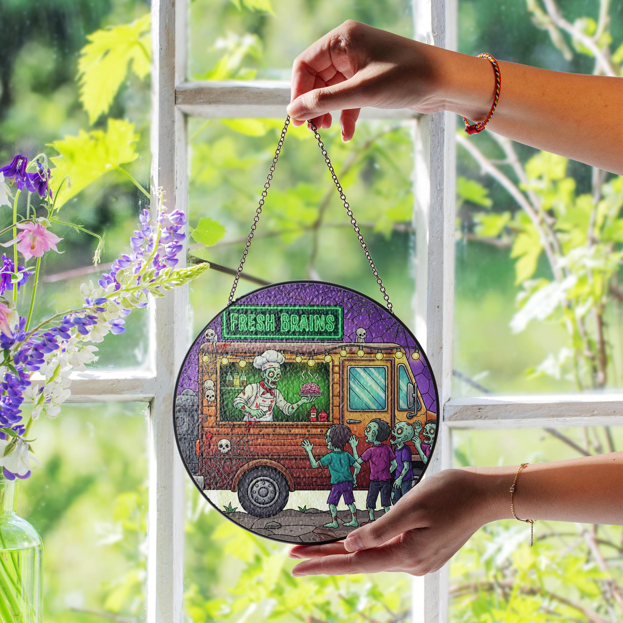 Zombie Food Truck Suncatcher – Fresh Brains Halloween Stained Glass Decor, Spooky Undead Window Hanging, Funny Horror Gift