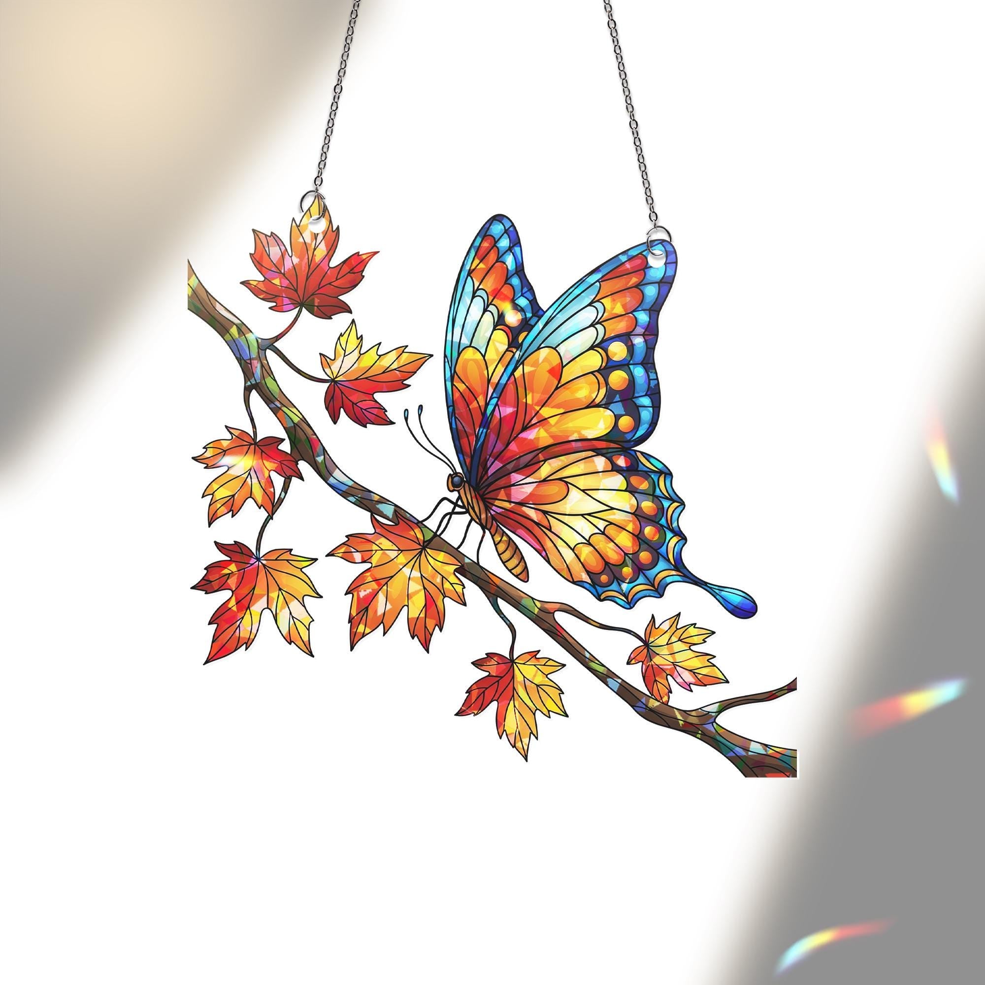 Autumn Butterfly Suncatcher – Stained Glass Fall Window Hanging, Colorful Maple Leaf Decor, Nature Lover Gift