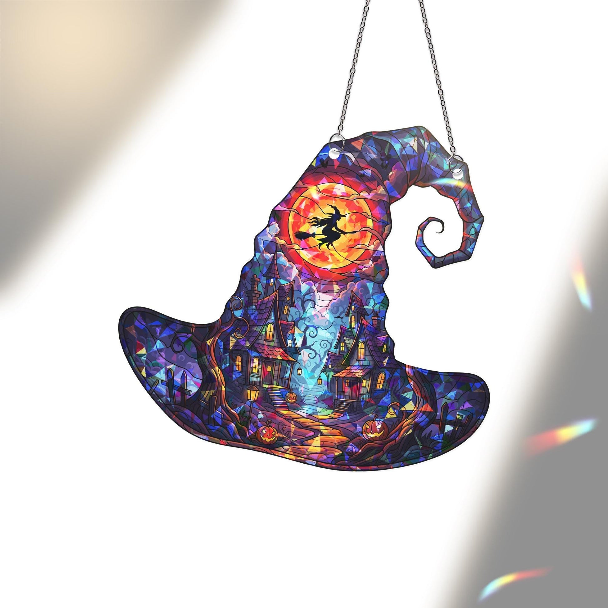Witch Hat Halloween Suncatcher – Stained Glass Haunted House Window Decor, Flying Witch Autumn Hanging Ornament