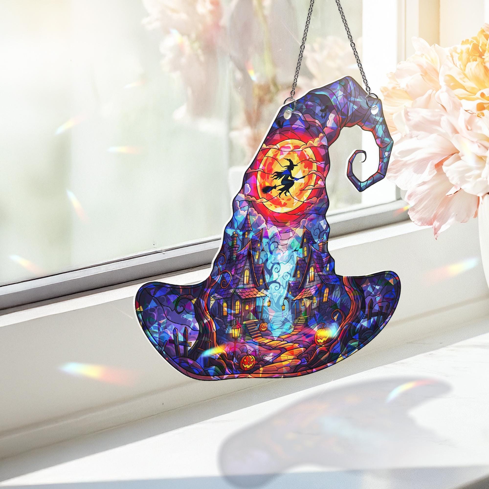 Witch Hat Halloween Suncatcher – Stained Glass Haunted House Window Decor, Flying Witch Autumn Hanging Ornament