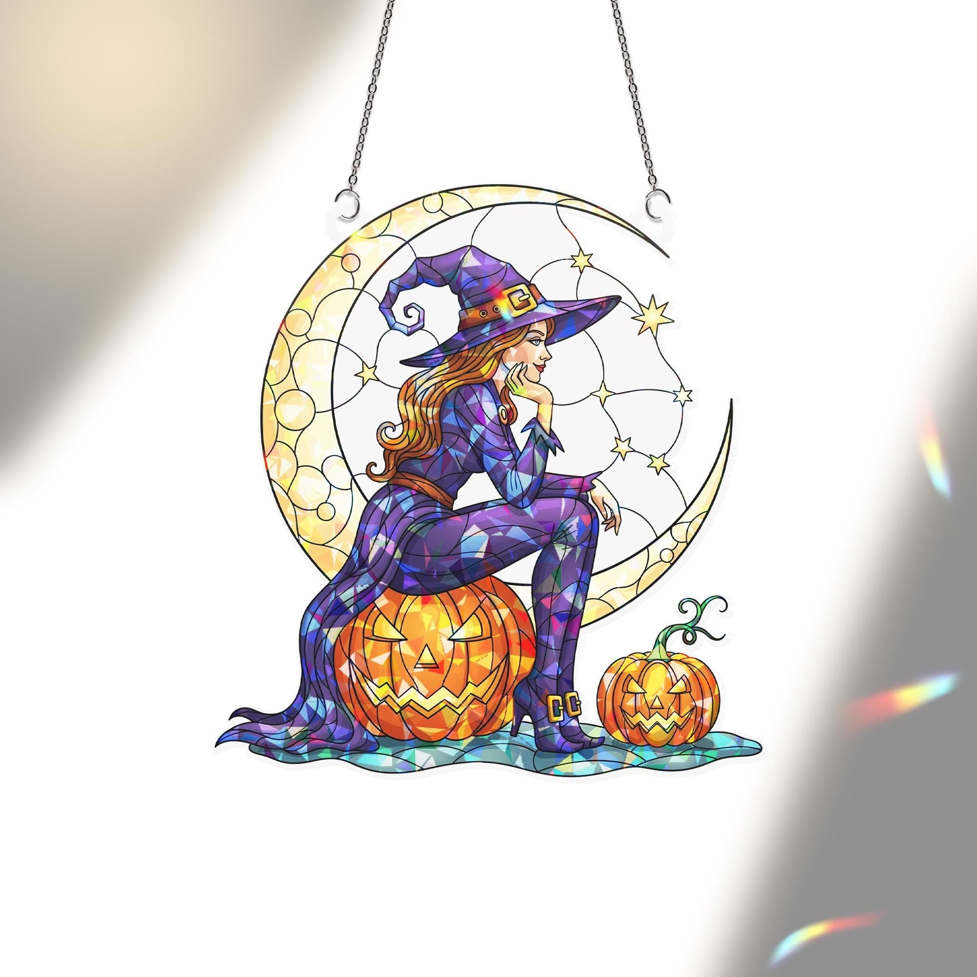 Witch Moon Suncatcher – Halloween Stained Glass Window Hanging, Pumpkin Crescent Moon Decor, Spooky Fall Ornament