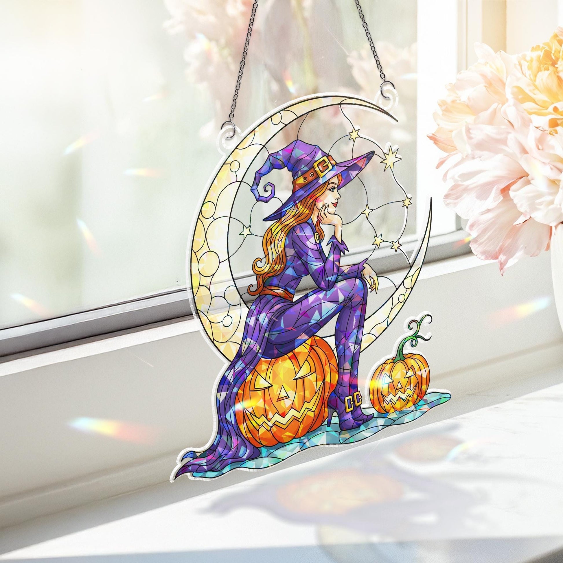 Witch Moon Suncatcher – Halloween Stained Glass Window Hanging, Pumpkin Crescent Moon Decor, Spooky Fall Ornament