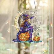 Witch Moon Suncatcher – Halloween Stained Glass Window Hanging, Pumpkin Crescent Moon Decor, Spooky Fall Ornament