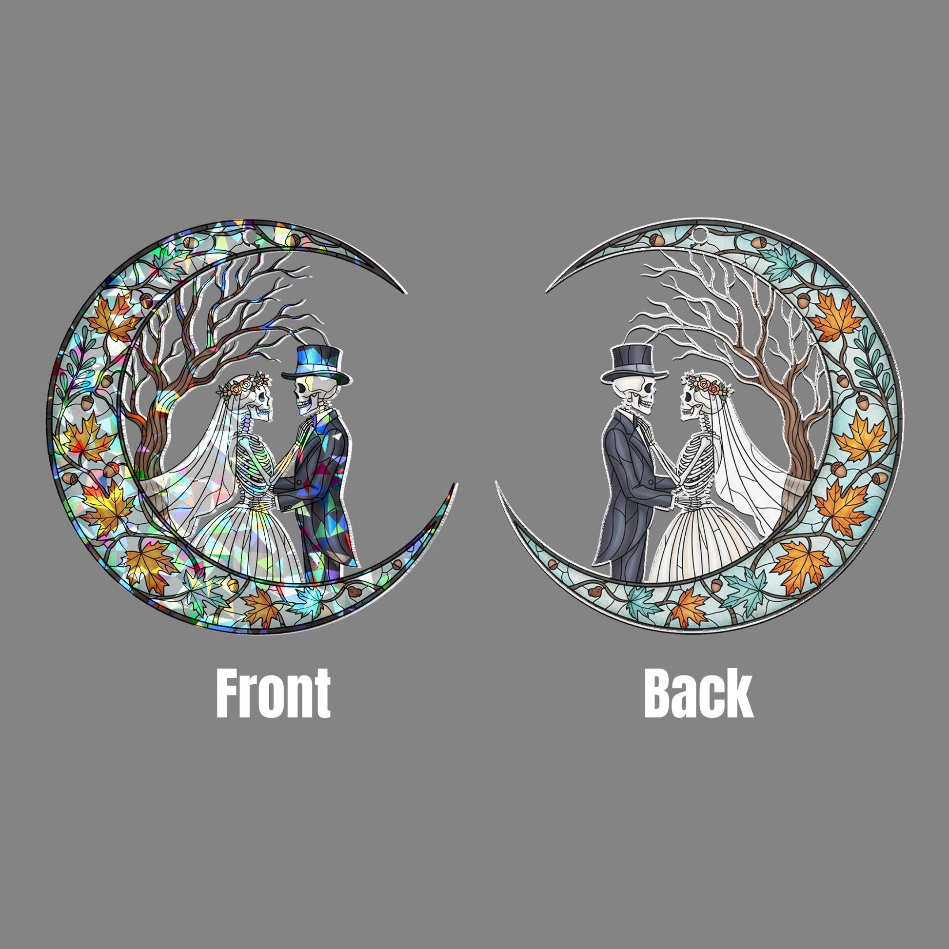 Skeleton Couple Moon Suncatcher – Gothic Stained Glass Wedding Decor, Day of the Dead Love Window Hanging