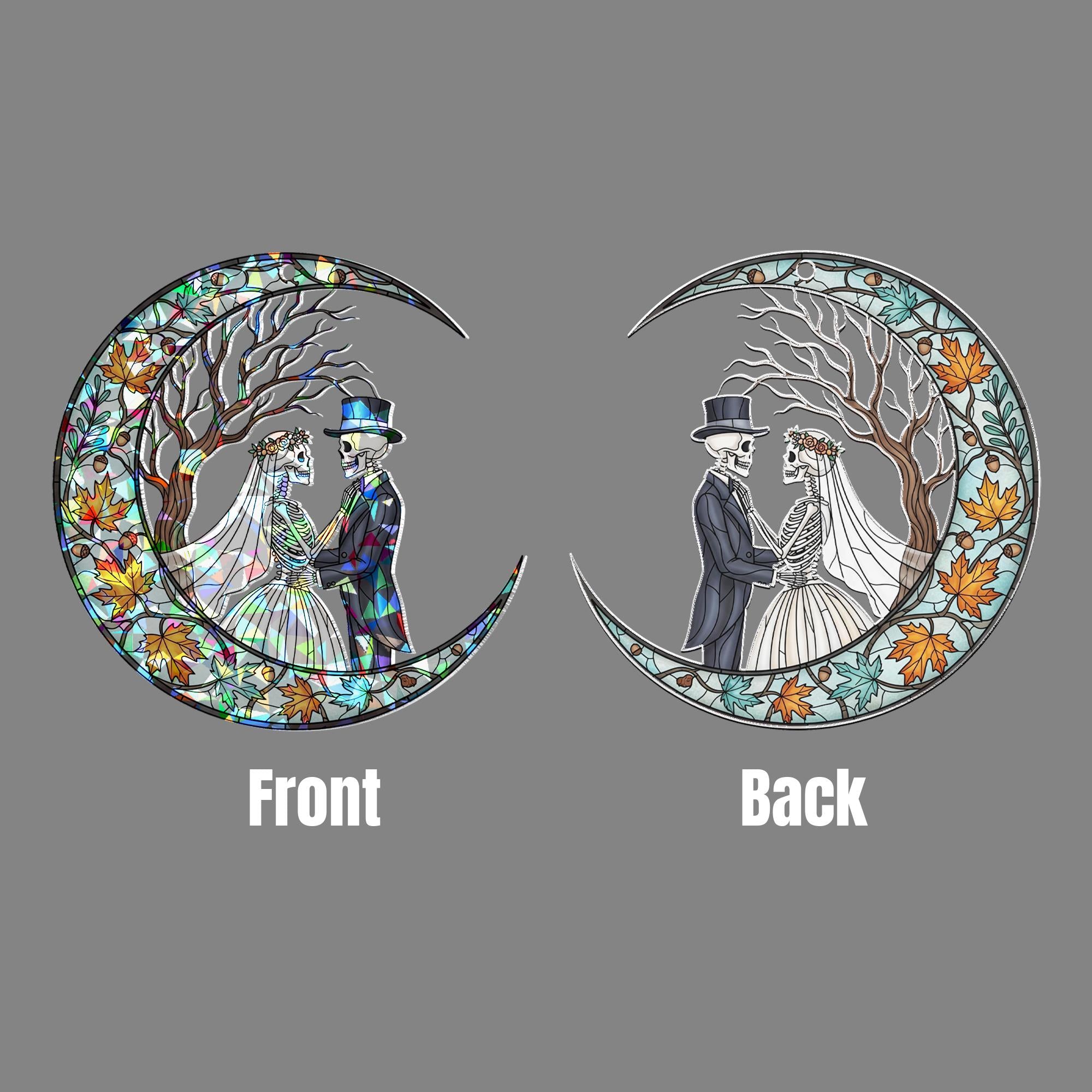 Skeleton Couple Moon Suncatcher – Gothic Stained Glass Wedding Decor, Day of the Dead Love Window Hanging