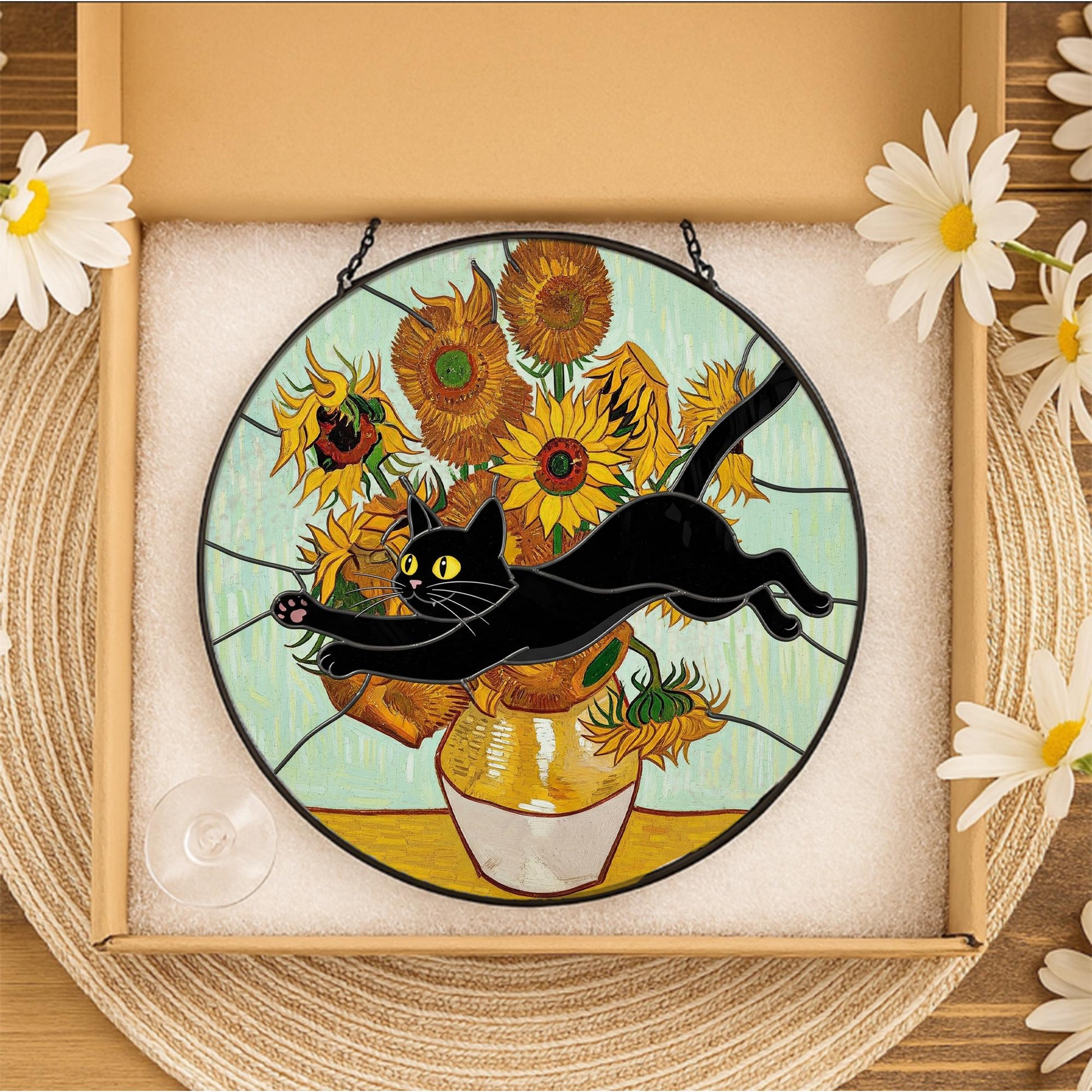 Black Cat Glass Suncatcher – Funny Cat Jumping Through Van Gogh Sunflowers Window Hanging, Cat Lover Gift Decor, Black Cat Planter Decor