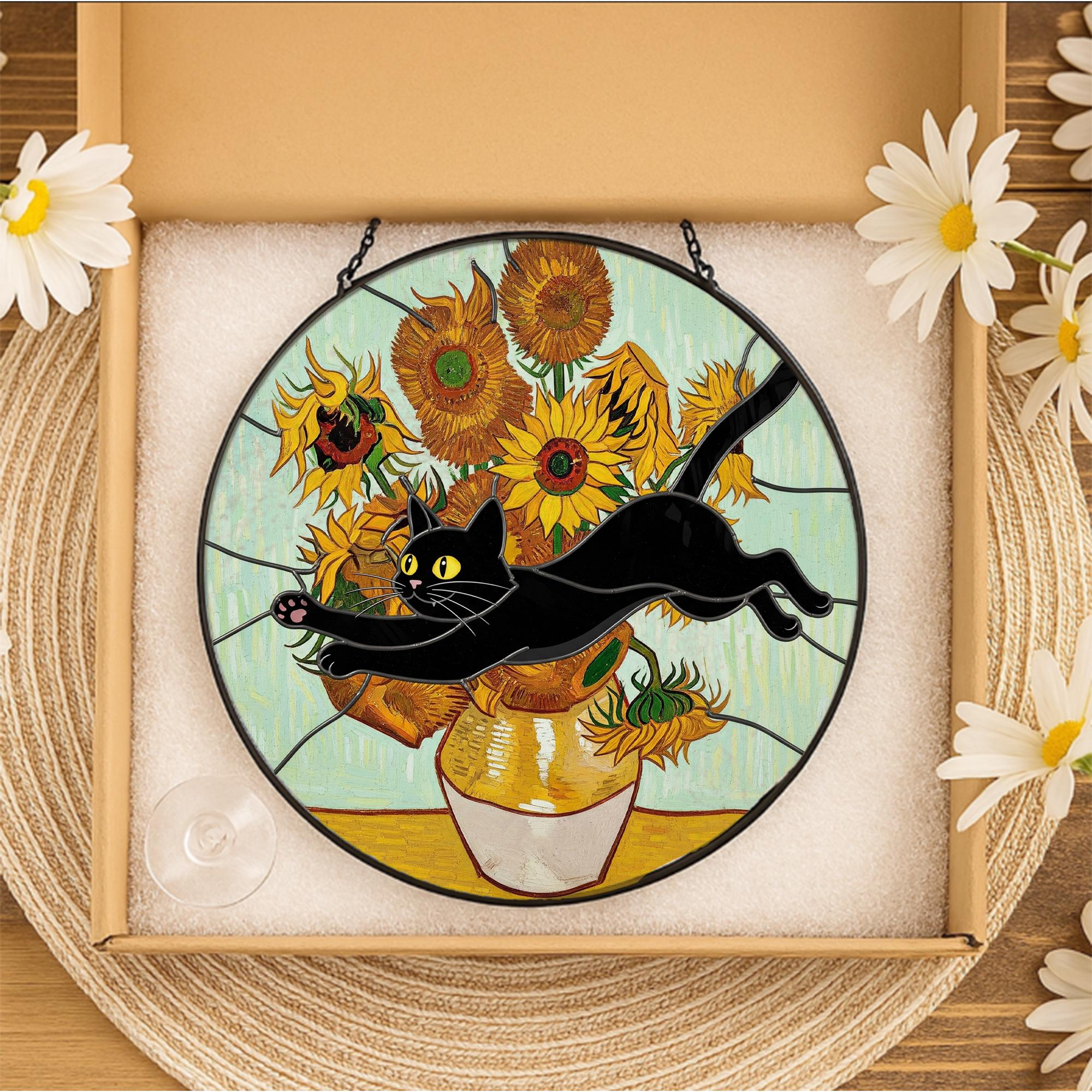 Black Cat Glass Suncatcher – Funny Cat Jumping Through Van Gogh Sunflowers Window Hanging, Cat Lover Gift Decor, Black Cat Planter Decor