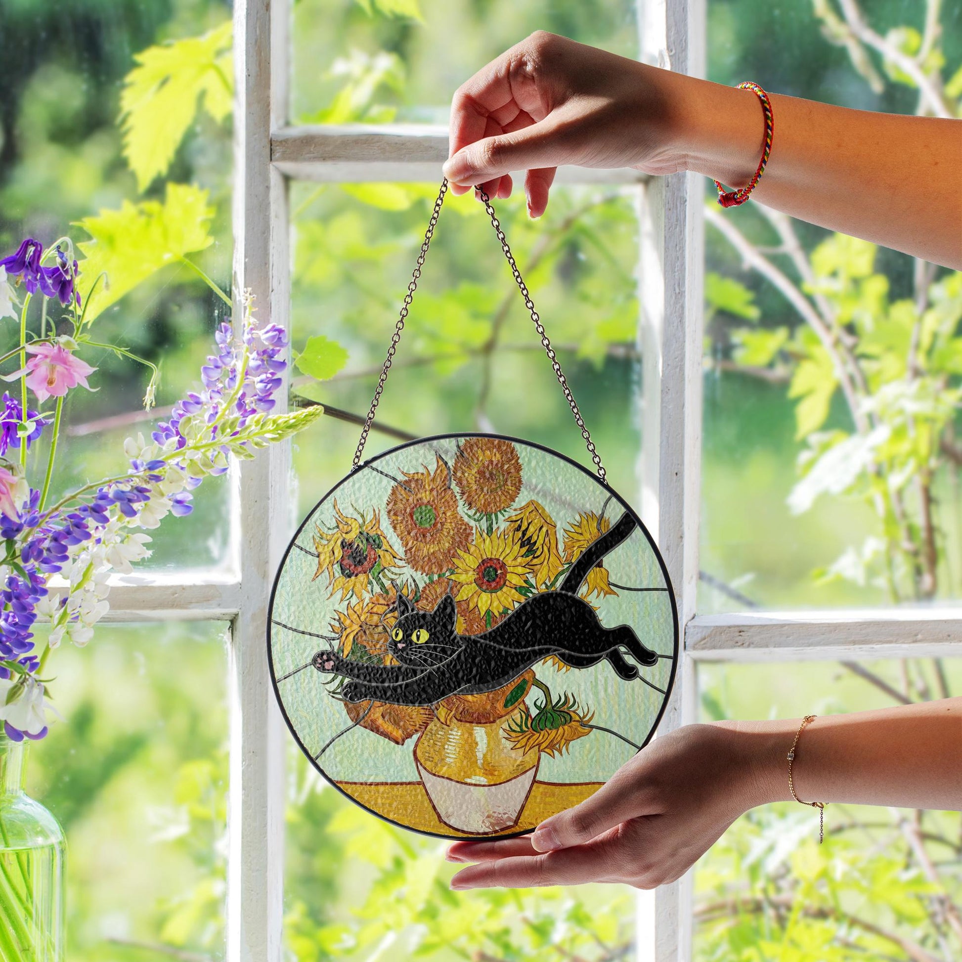 Black Cat Glass Suncatcher – Funny Cat Jumping Through Van Gogh Sunflowers Window Hanging, Cat Lover Gift Decor, Black Cat Planter Decor