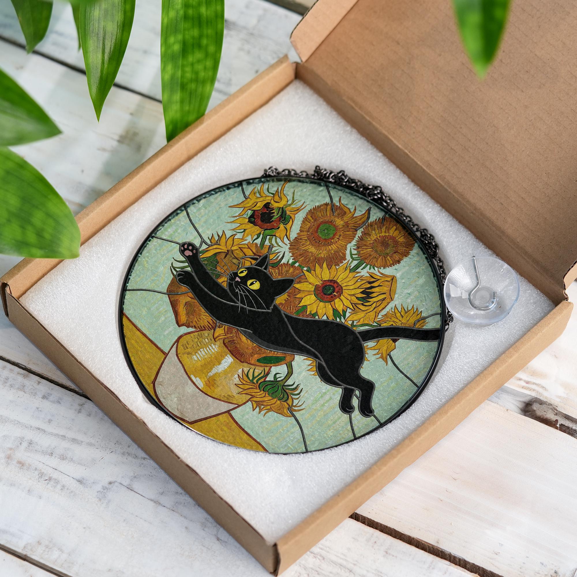 Black Cat Glass Suncatcher – Funny Cat Jumping Through Van Gogh Sunflowers Window Hanging, Cat Lover Gift Decor, Black Cat Planter Decor