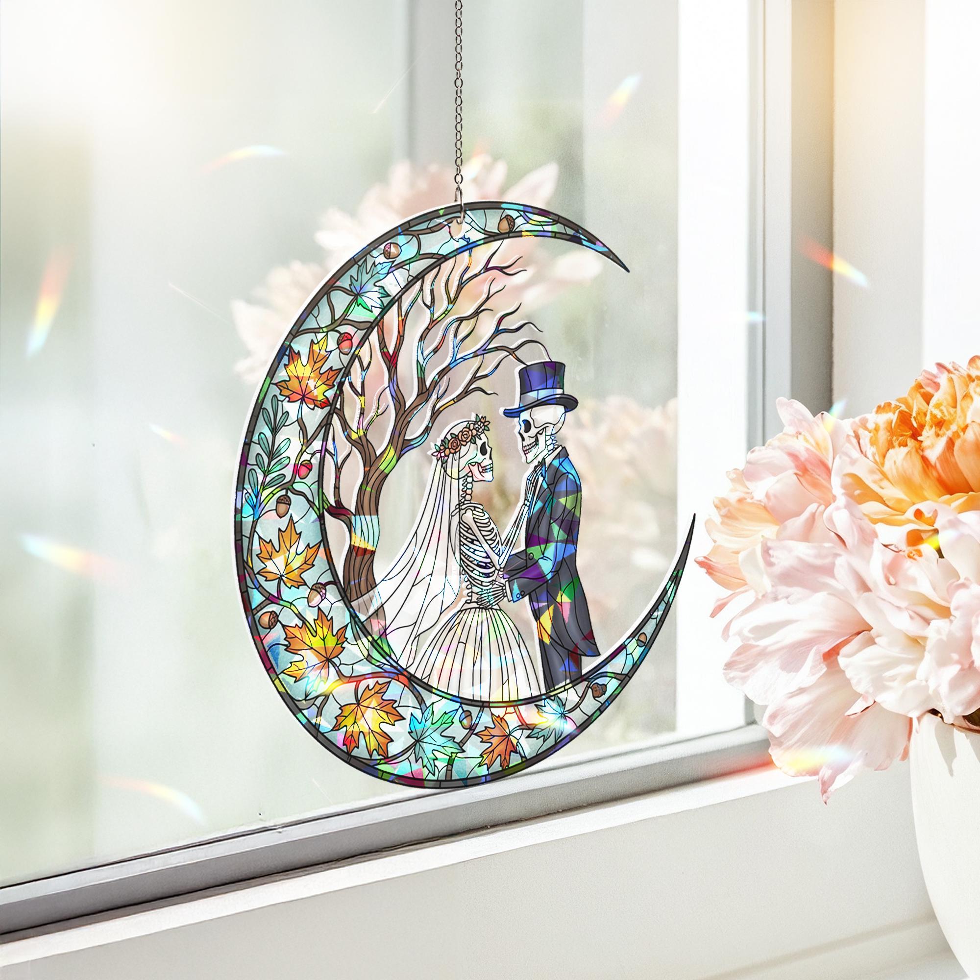 Skeleton Couple Moon Suncatcher – Gothic Stained Glass Wedding Decor, Day of the Dead Love Window Hanging