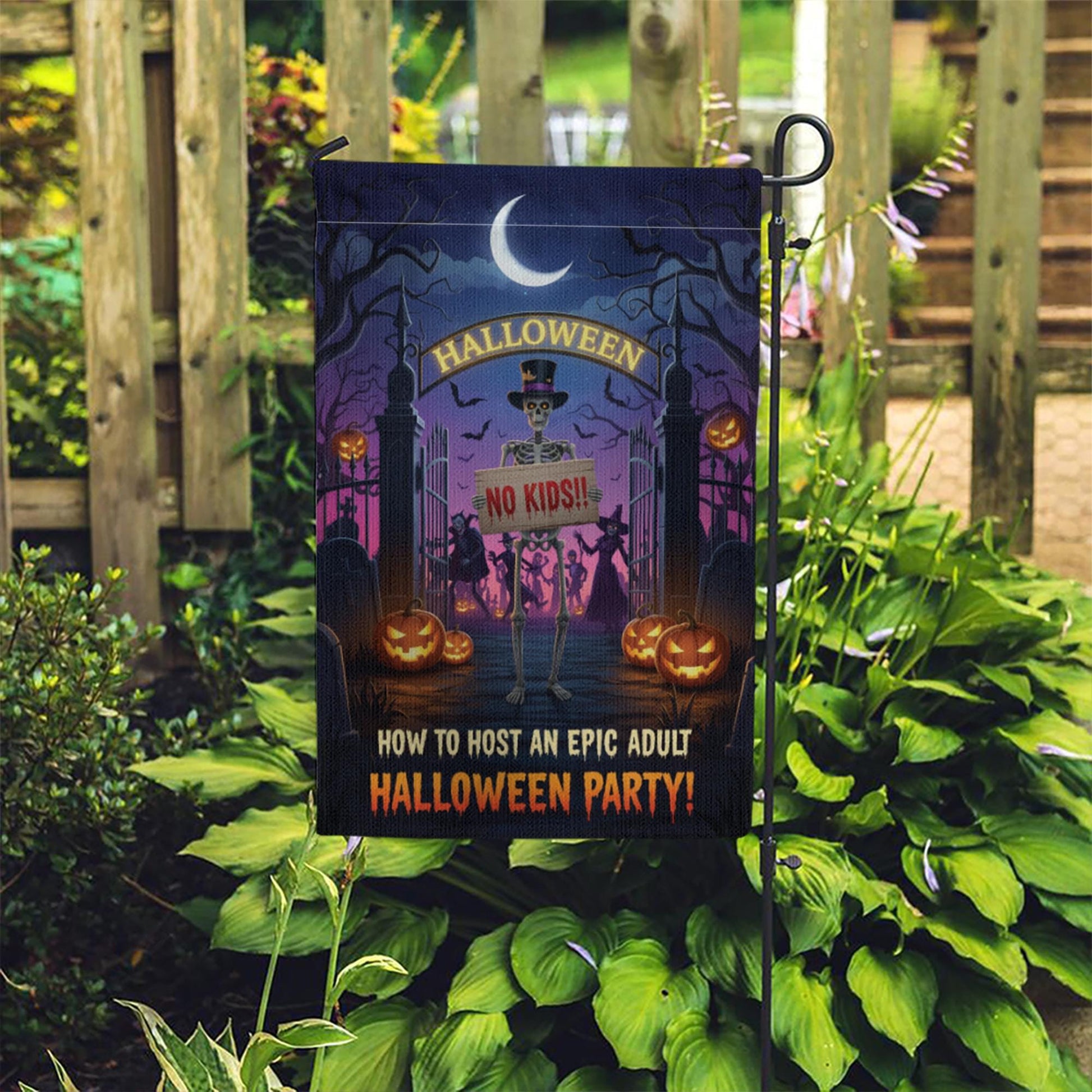 Funny Adult Halloween Garden Flag – No Kids Party Yard Sign, Spooky Skeleton Decor for Adults Only