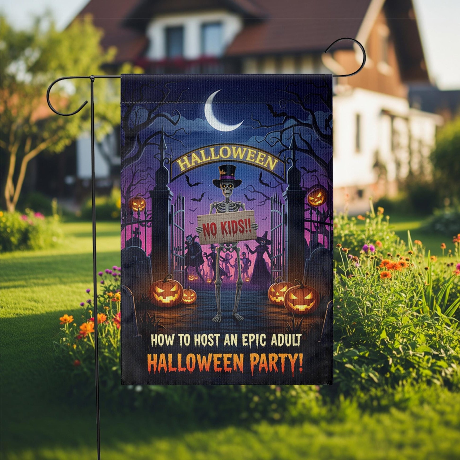 Funny Adult Halloween Garden Flag – No Kids Party Yard Sign, Spooky Skeleton Decor for Adults Only