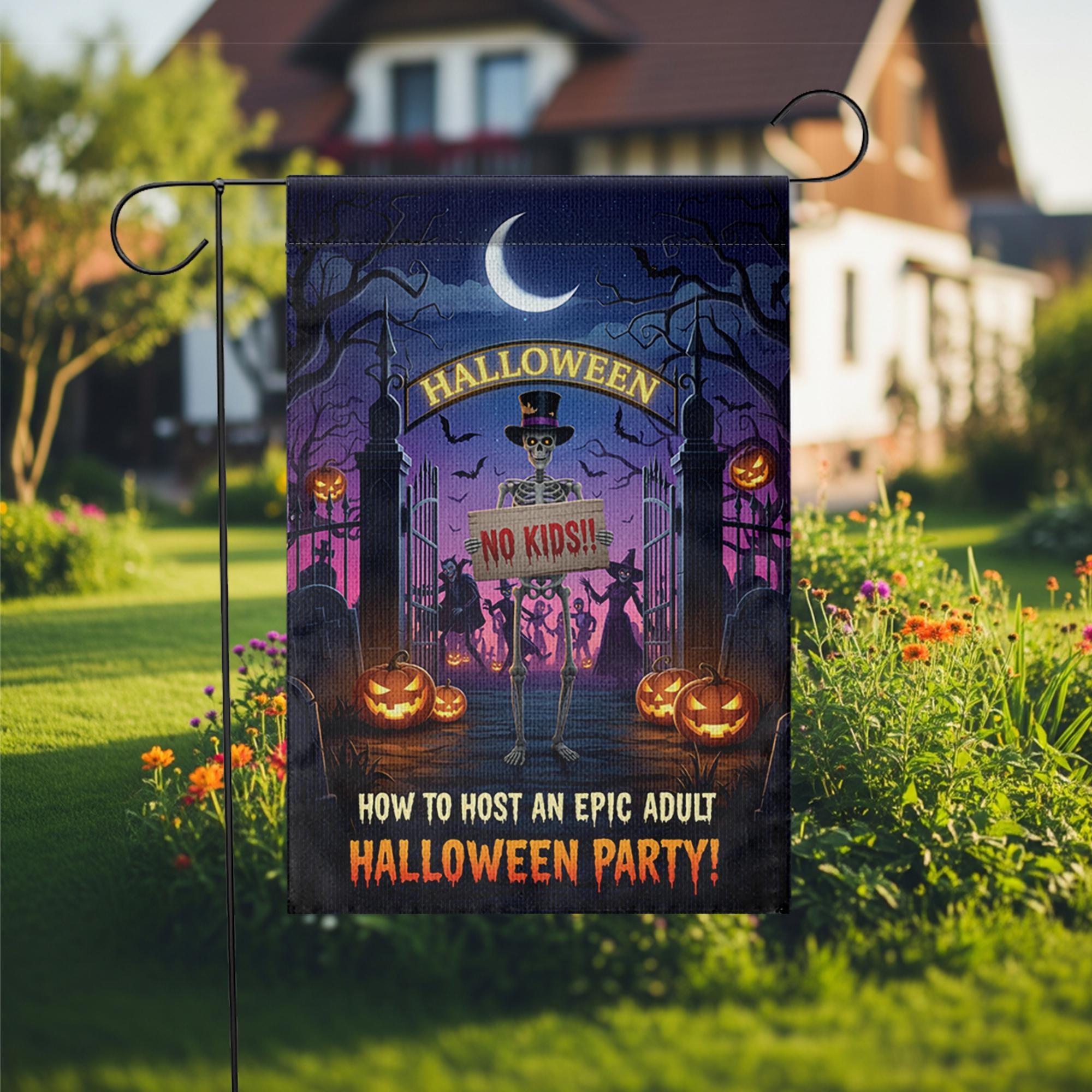 Funny Adult Halloween Garden Flag – No Kids Party Yard Sign, Spooky Skeleton Decor for Adults Only