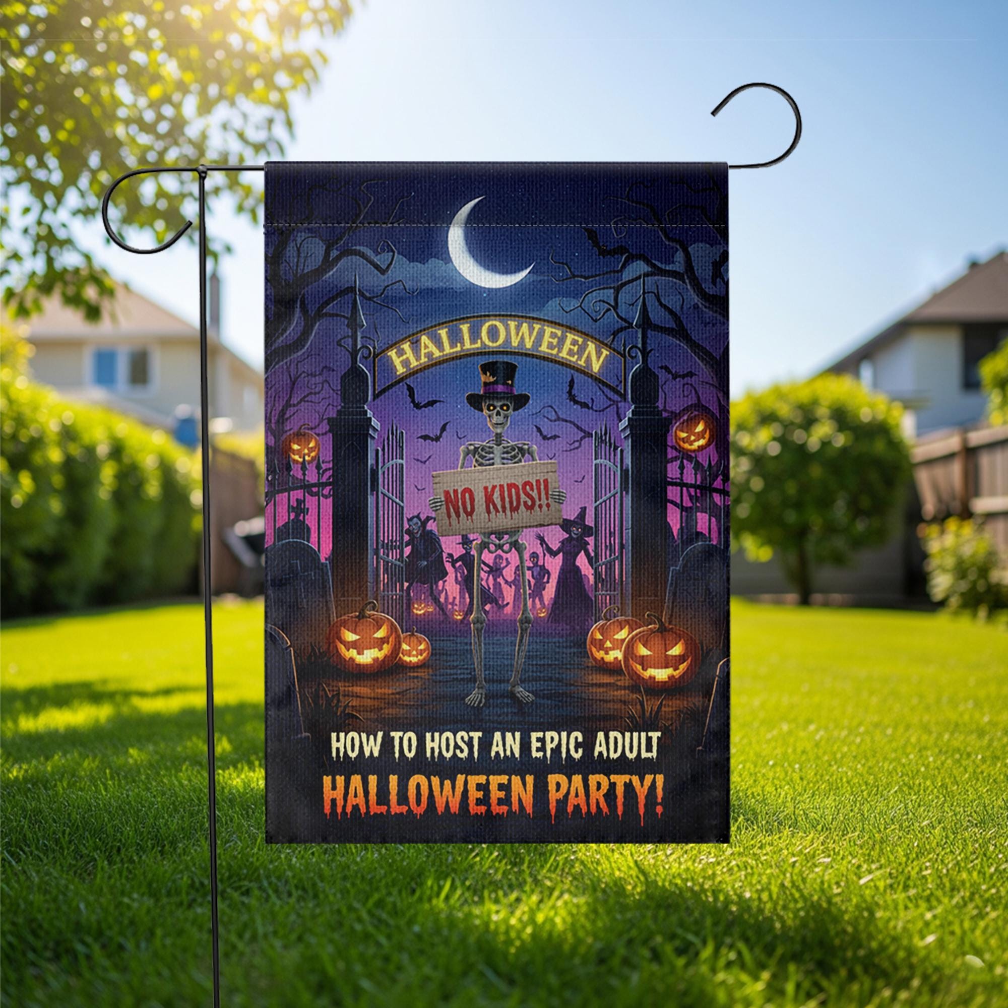 Funny Adult Halloween Garden Flag – No Kids Party Yard Sign, Spooky Skeleton Decor for Adults Only