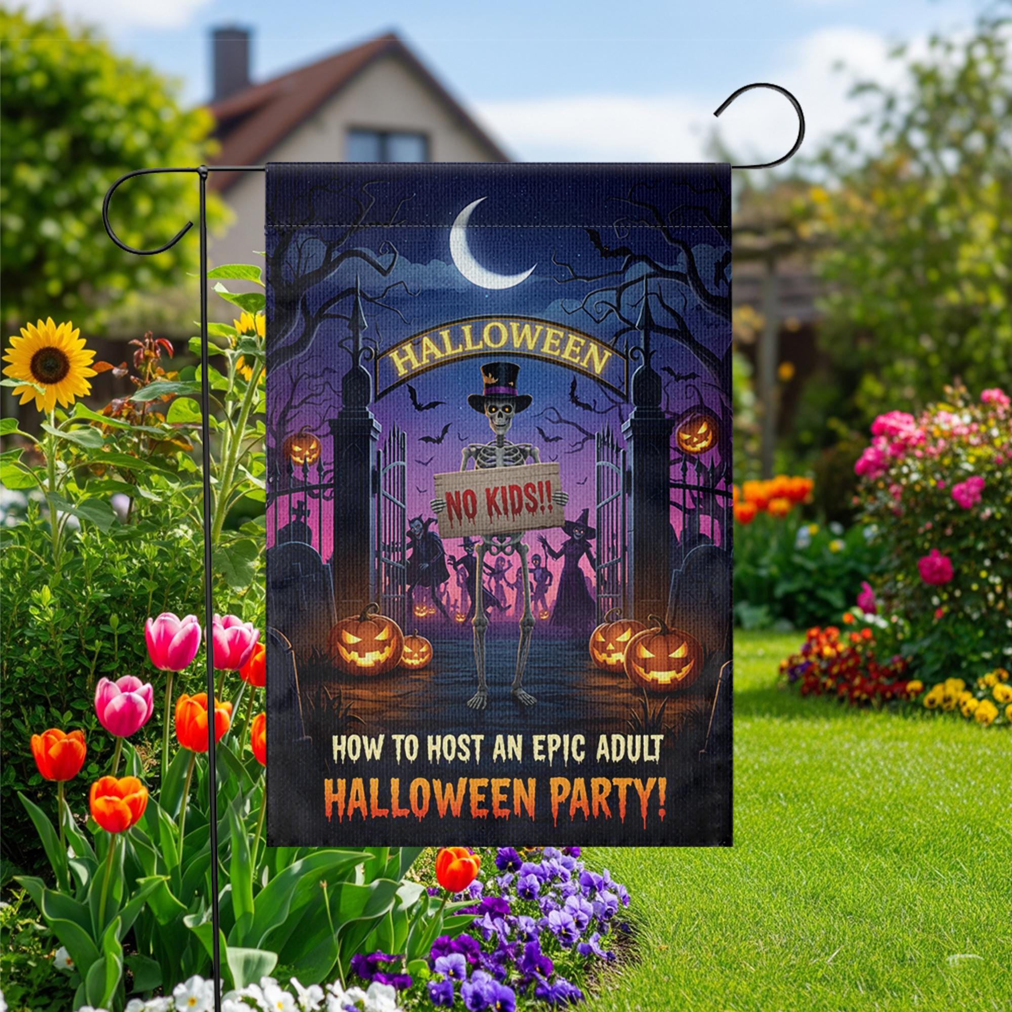 Funny Adult Halloween Garden Flag – No Kids Party Yard Sign, Spooky Skeleton Decor for Adults Only