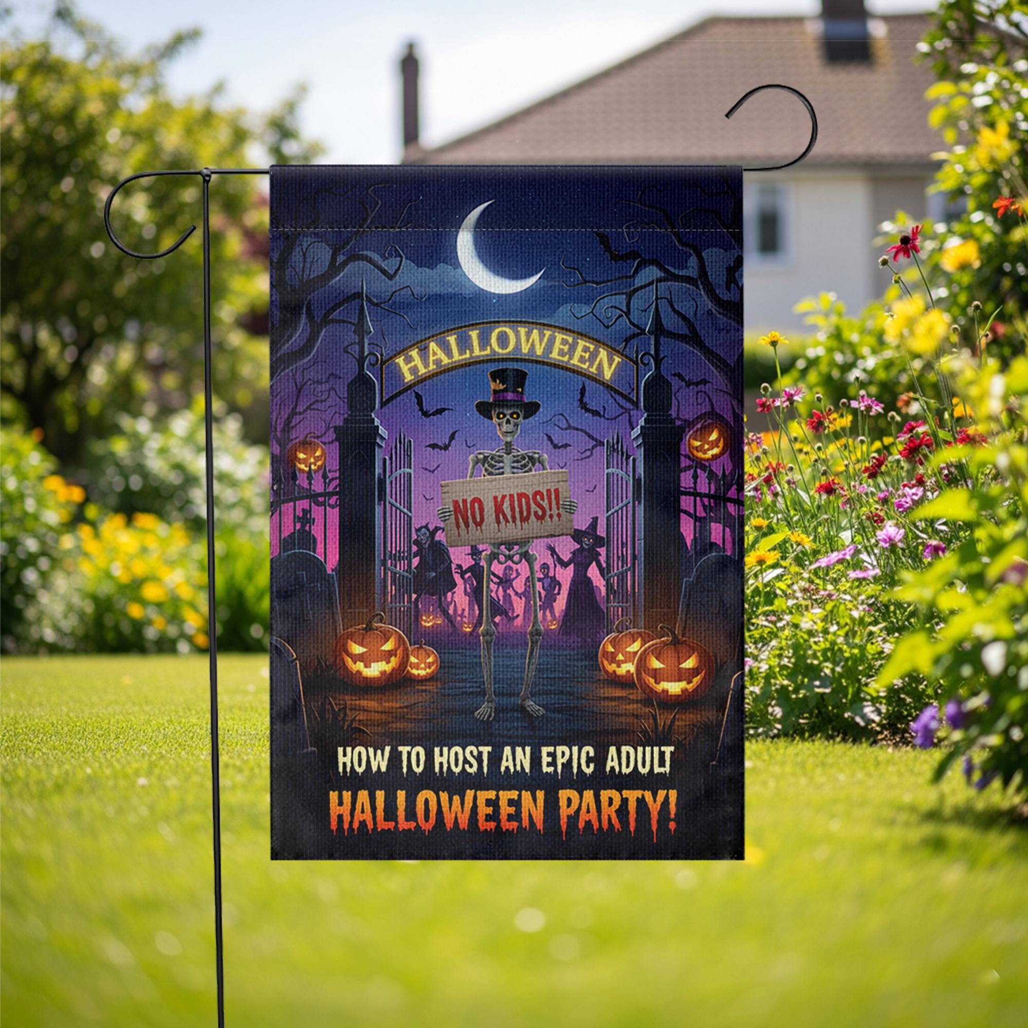 Funny Adult Halloween Garden Flag – No Kids Party Yard Sign, Spooky Skeleton Decor for Adults Only